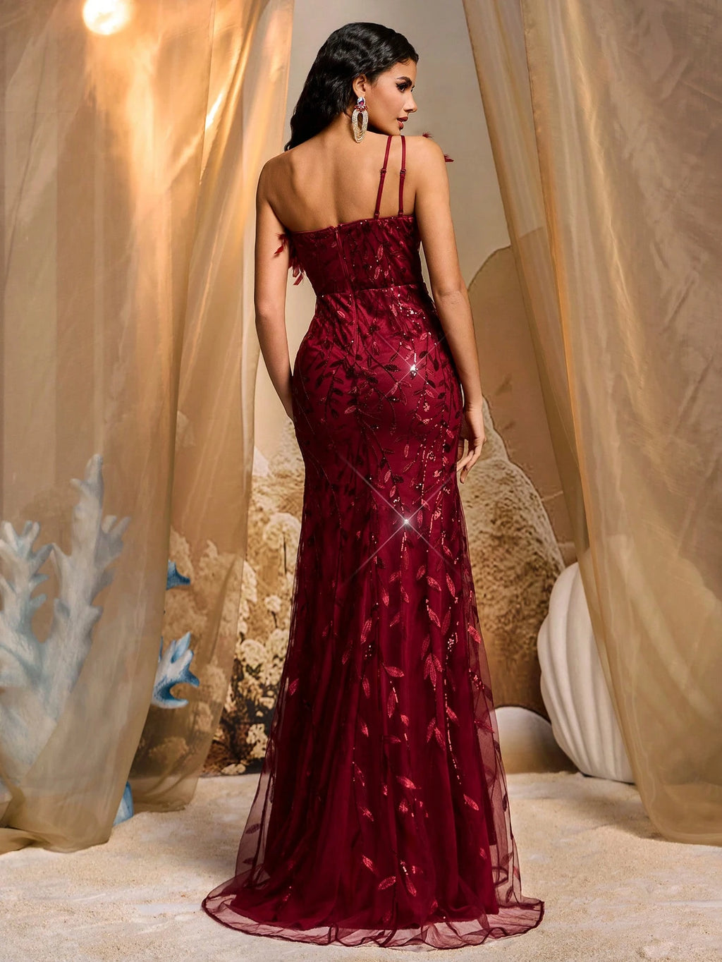 Elegant Luxurious Embroidery Sequined Ruffle Slit Fishtail Skirt, Suitable for Wedding, Party, Clubbing, Vacation, Banquet Formal Dress (Heavy Embellishment, Feather)