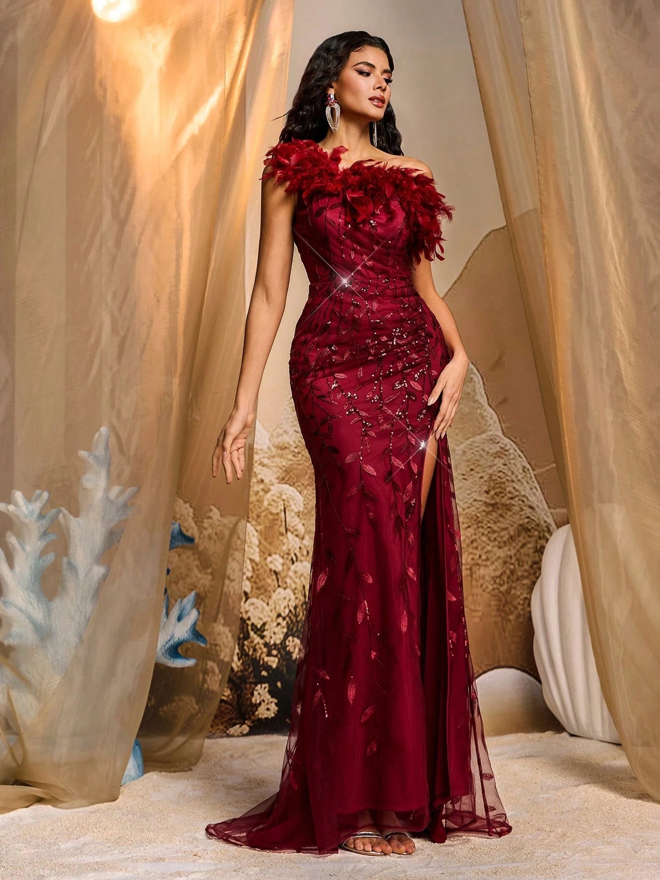 Elegant Luxurious Embroidery Sequined Ruffle Slit Fishtail Skirt, Suitable for Wedding, Party, Clubbing, Vacation, Banquet Formal Dress (Heavy Embellishment, Feather)