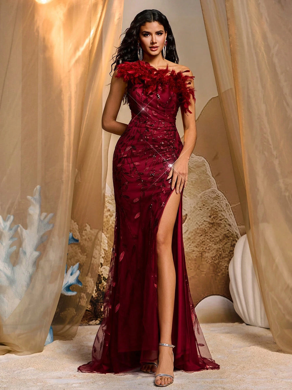 Elegant Luxurious Embroidery Sequined Ruffle Slit Fishtail Skirt, Suitable for Wedding, Party, Clubbing, Vacation, Banquet Formal Dress (Heavy Embellishment, Feather)