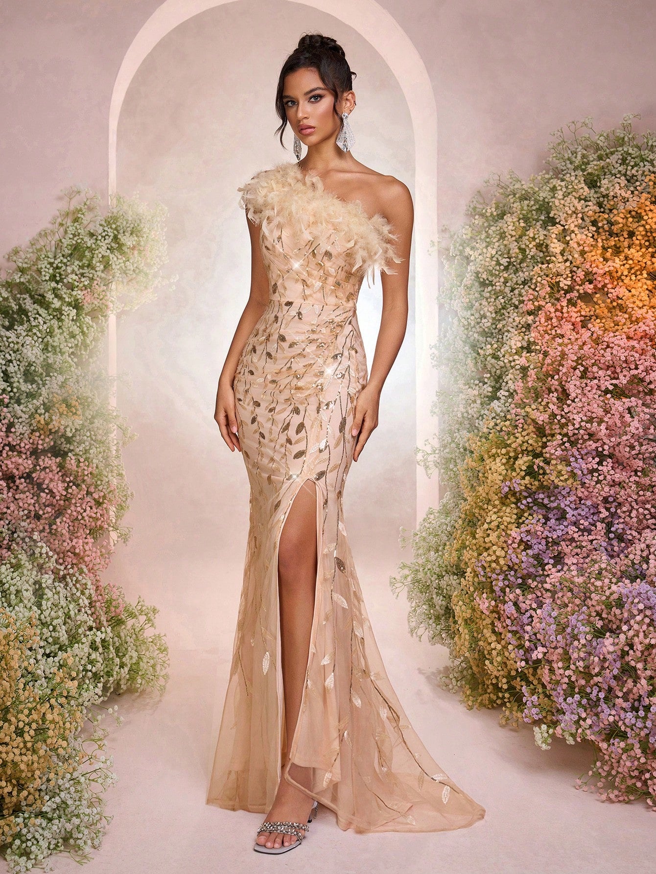 Elegant Luxurious Embroidery Sequined Ruffle Slit Fishtail Skirt, Suitable for Wedding, Party, Clubbing, Vacation, Banquet Formal Dress (Heavy Embellishment, Feather)