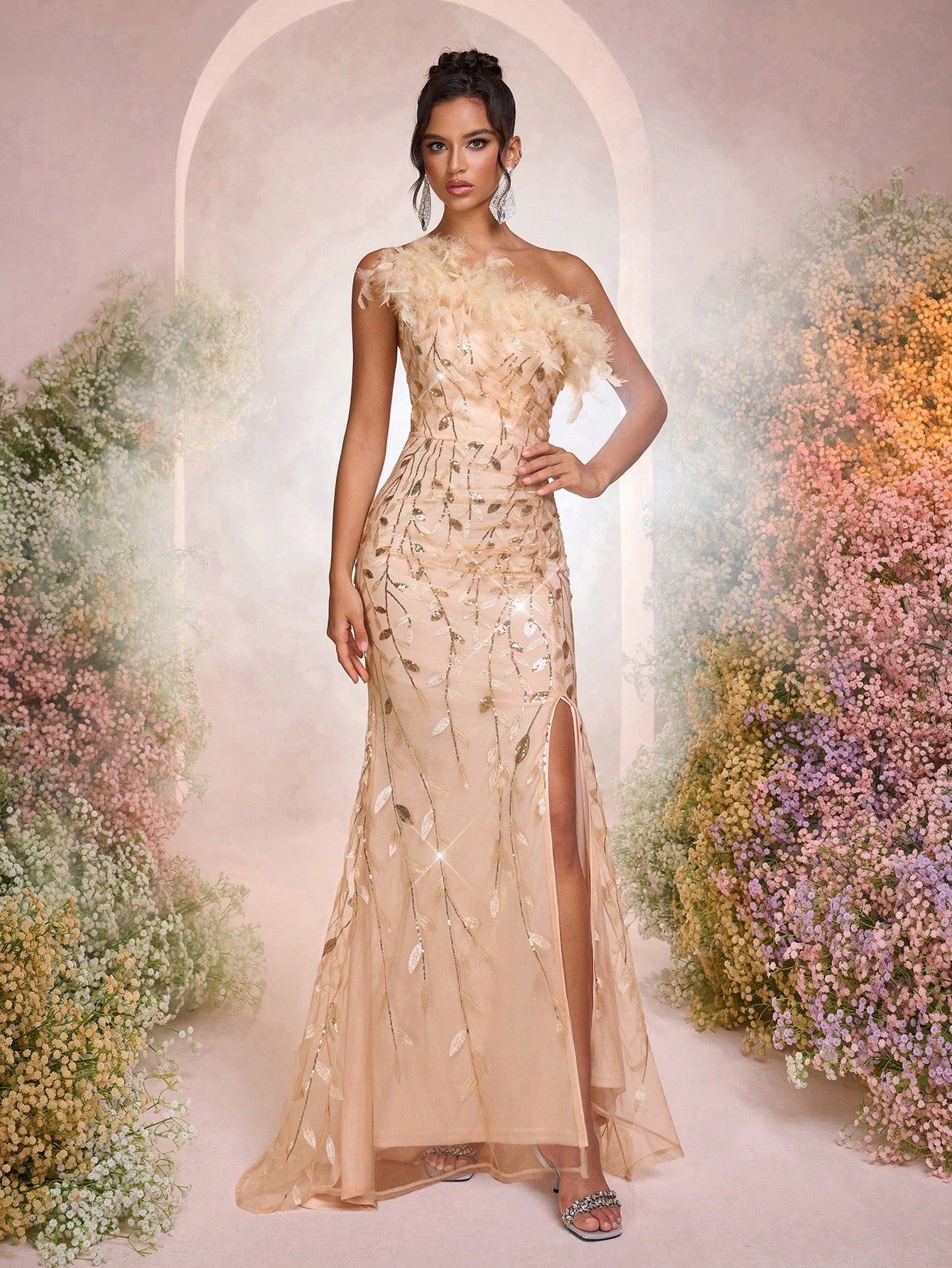 Elegant Luxurious Embroidery Sequined Ruffle Slit Fishtail Skirt, Suitable for Wedding, Party, Clubbing, Vacation, Banquet Formal Dress (Heavy Embellishment, Feather)