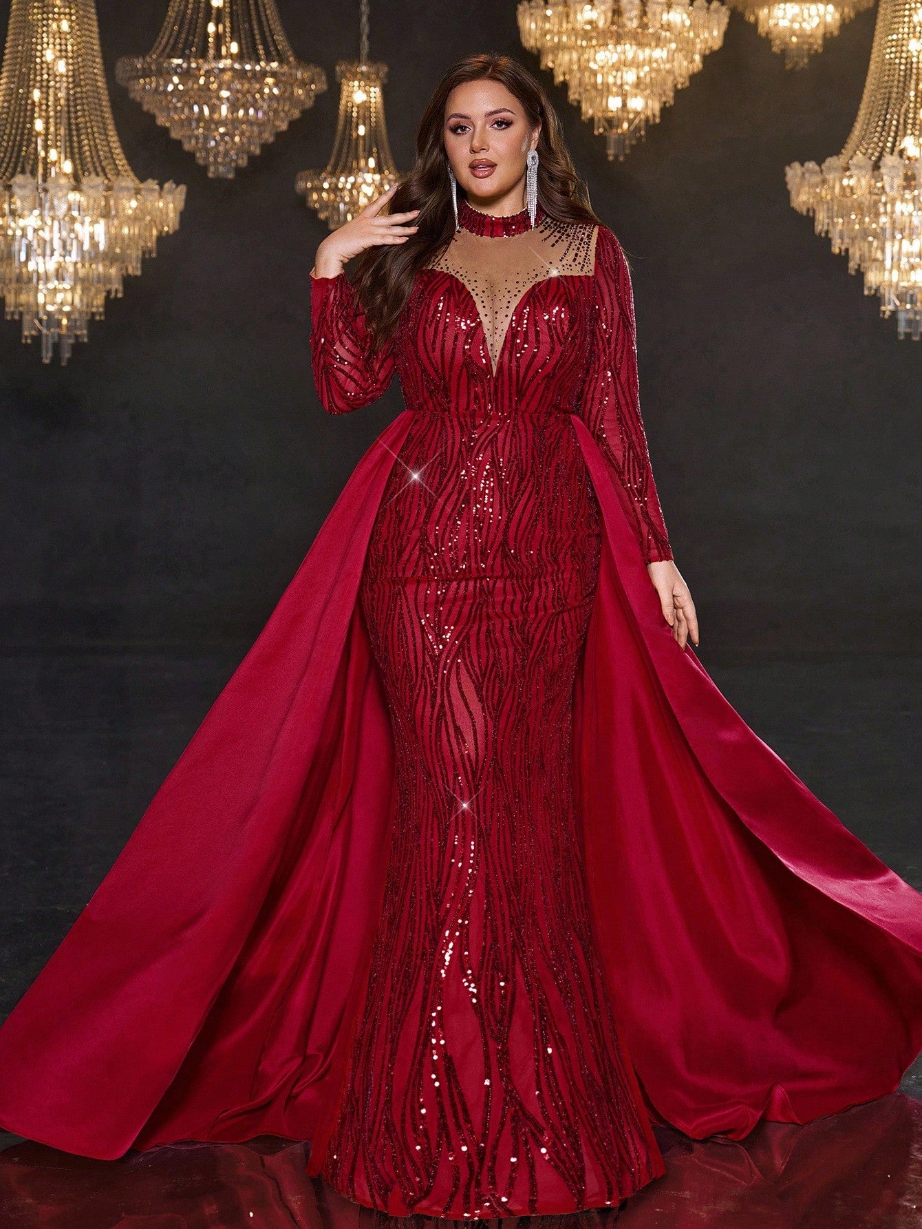 Women’s Plus Size Burgundy Luxury Sequin Mermaid Maxi Evening Gown with Train – Formal Wedding & Party Dress