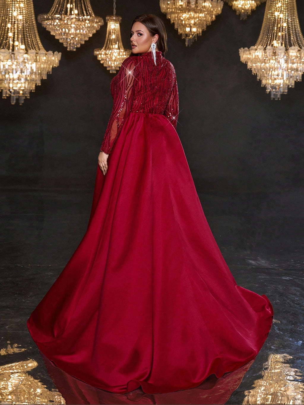 Women’s Plus Size Burgundy Luxury Sequin Mermaid Maxi Evening Gown with Train – Formal Wedding & Party Dress