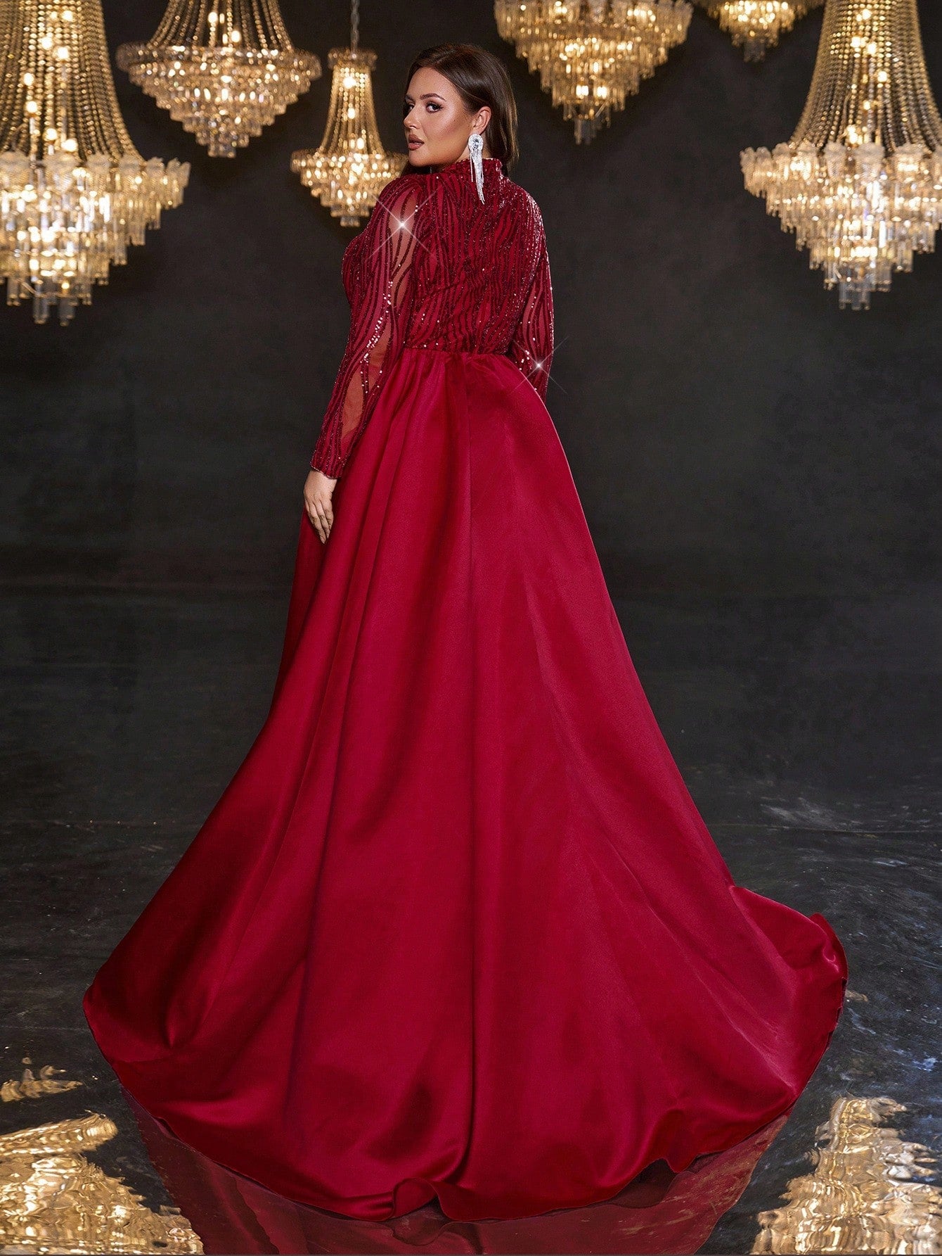 Women’s Plus Size Burgundy Luxury Sequin Mermaid Maxi Evening Gown with Train – Formal Wedding & Party Dress