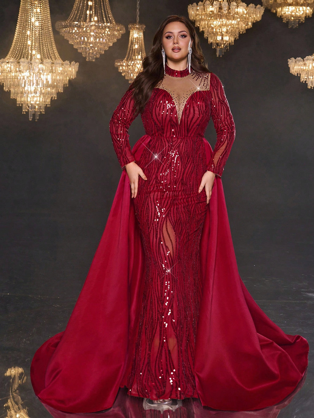 Women’s Plus Size Burgundy Luxury Sequin Mermaid Maxi Evening Gown with Train – Formal Wedding & Party Dress