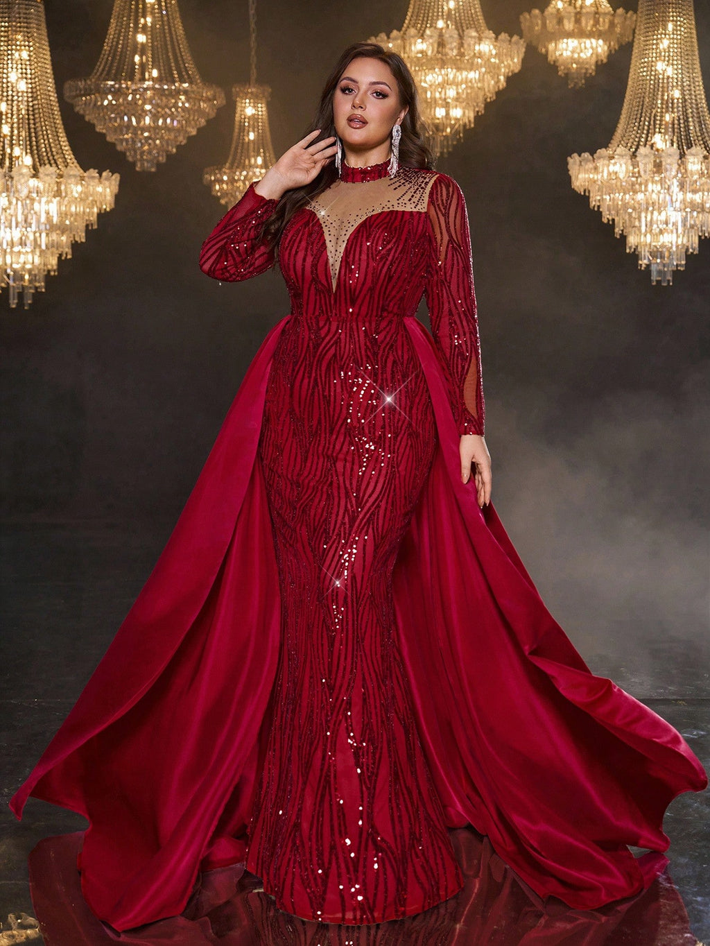 Women’s Plus Size Burgundy Luxury Sequin Mermaid Maxi Evening Gown with Train – Formal Wedding & Party Dress