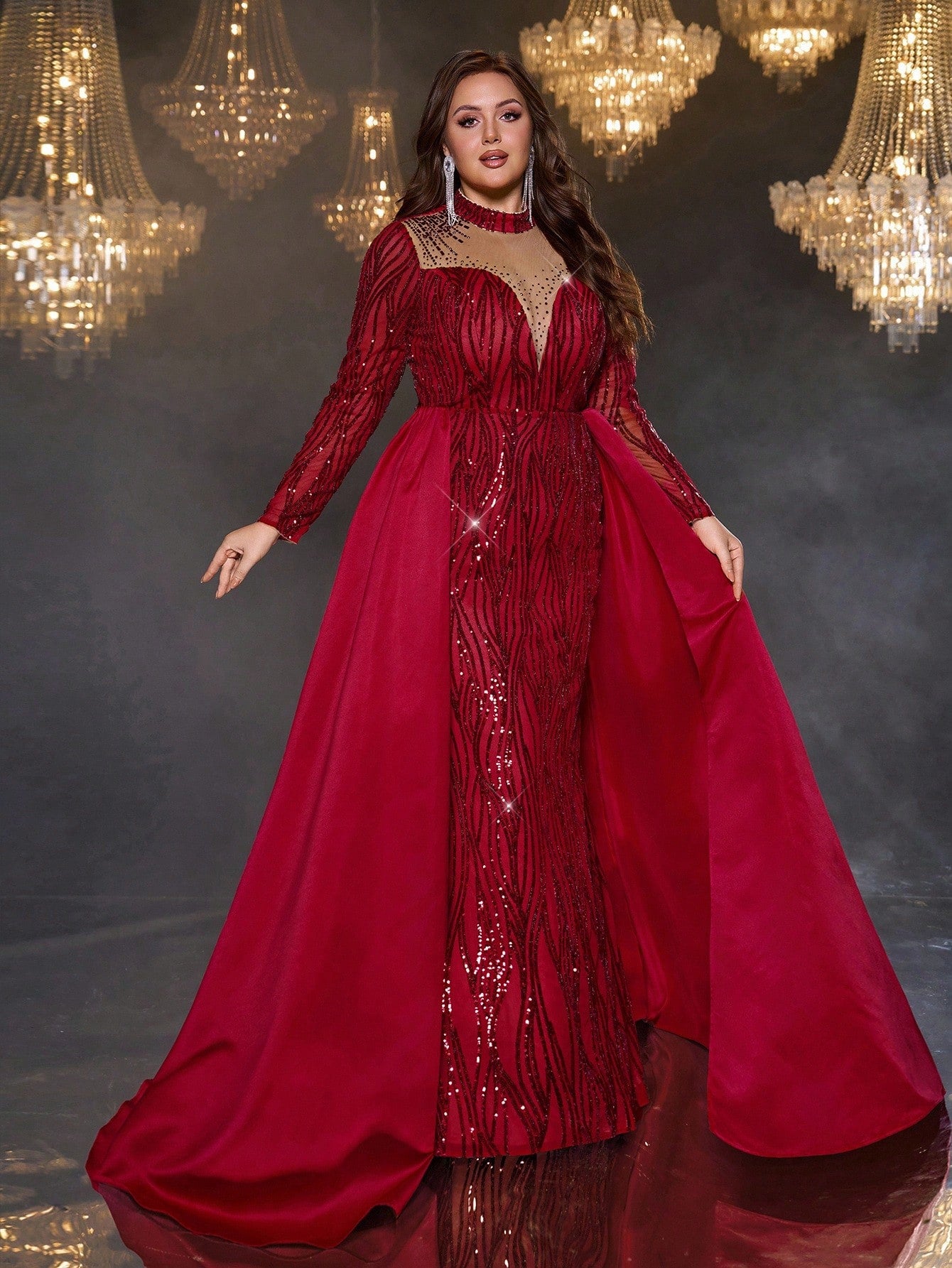 Women’s Plus Size Burgundy Luxury Sequin Mermaid Maxi Evening Gown with Train – Formal Wedding & Party Dress