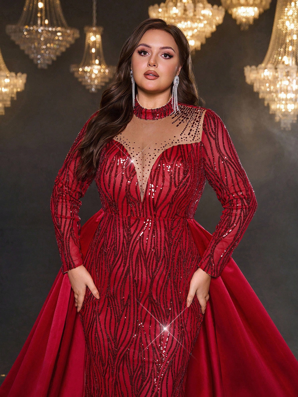 Women’s Plus Size Burgundy Luxury Sequin Mermaid Maxi Evening Gown with Train – Formal Wedding & Party Dress
