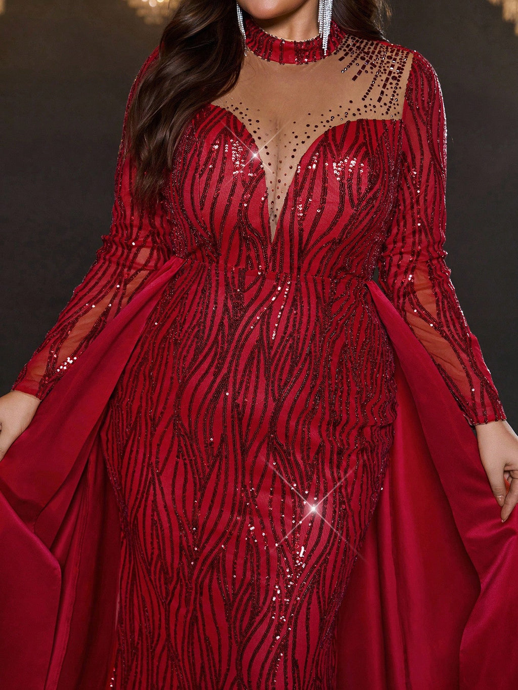 Women’s Plus Size Burgundy Luxury Sequin Mermaid Maxi Evening Gown with Train – Formal Wedding & Party Dress