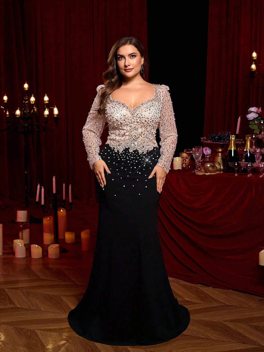 Luxury Plus Size Gold Sequin Mermaid Hem Dress for Women – Long Sleeve, Sheer, and Embellished with Train for Weddings, Formal Events, and Christmas