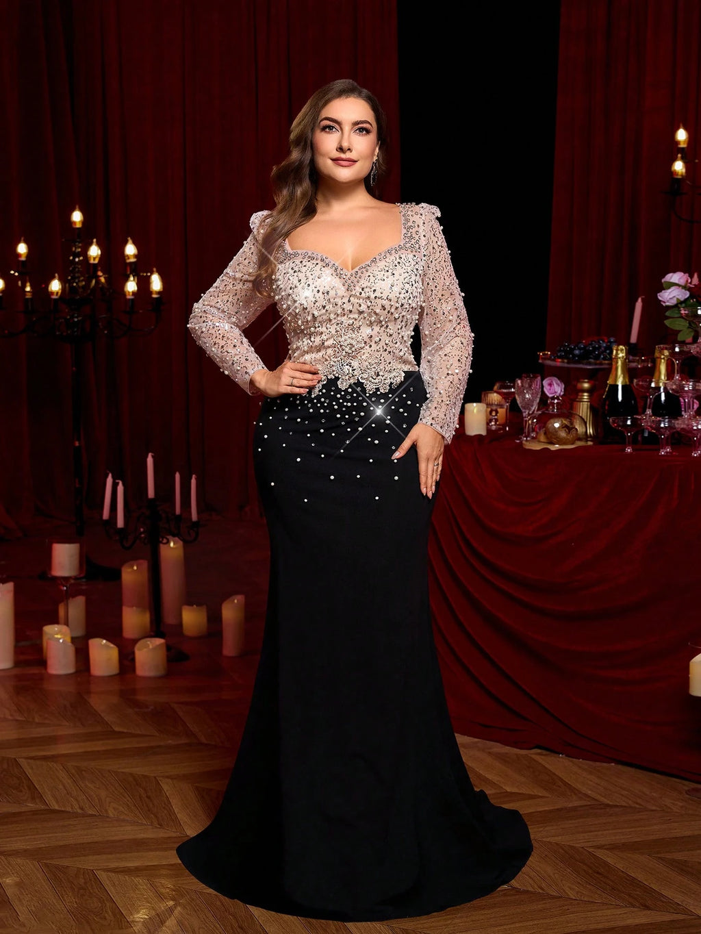 Luxury Plus Size Gold Sequin Mermaid Hem Dress for Women – Long Sleeve, Sheer, and Embellished with Train for Weddings, Formal Events, and Christmas