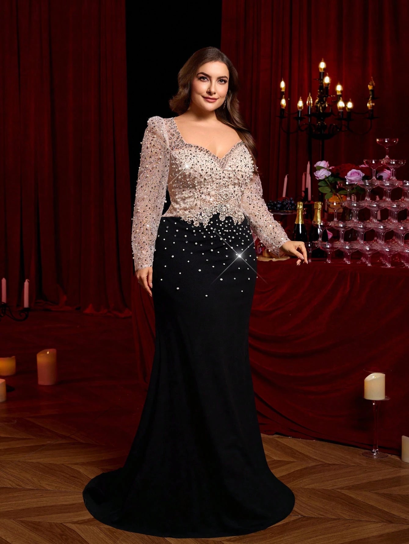 Luxury Plus Size Gold Sequin Mermaid Hem Dress for Women – Long Sleeve, Sheer, and Embellished with Train for Weddings, Formal Events, and Christmas