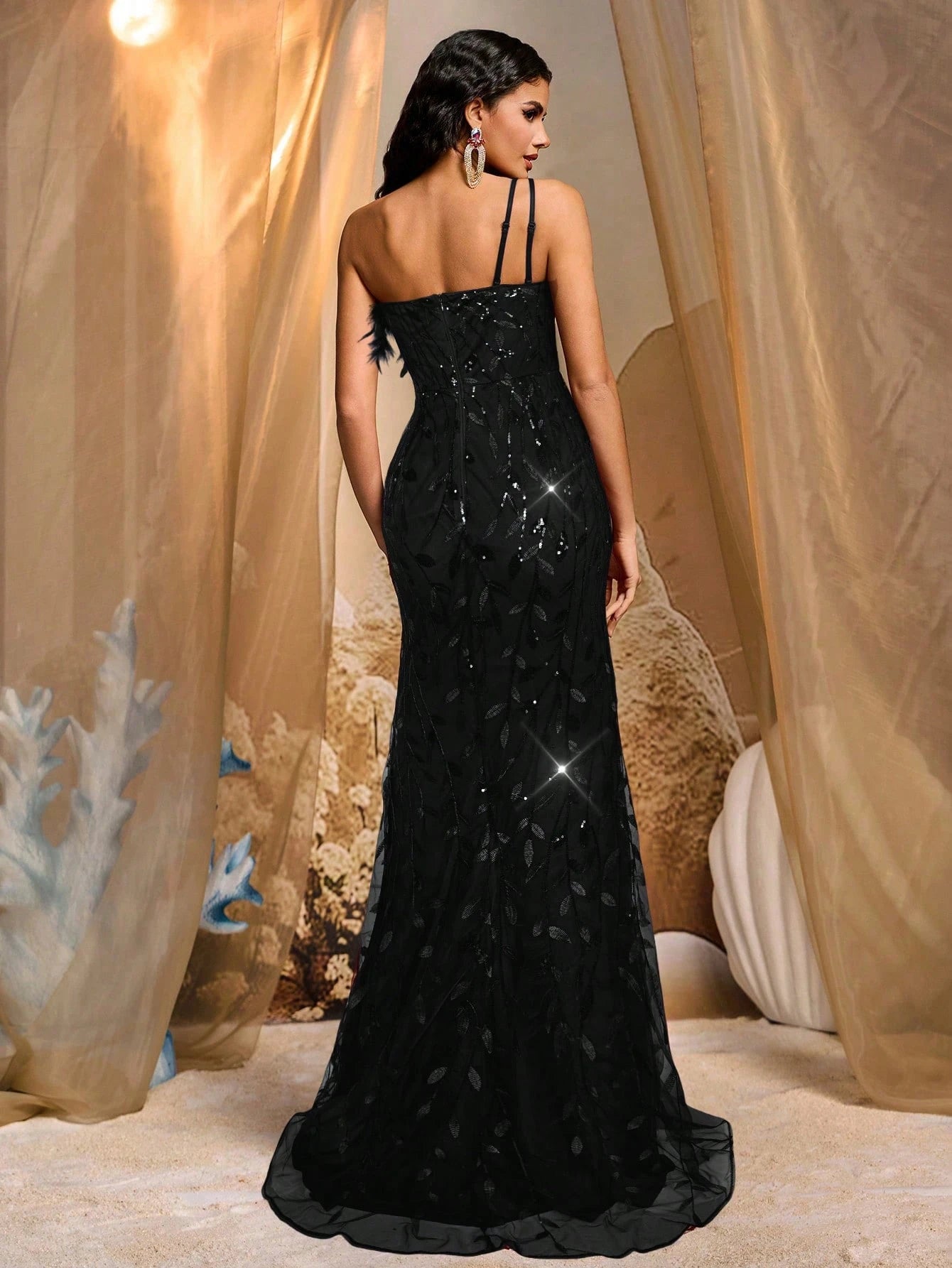 Elegant Luxurious Embroidery Sequined Ruffle Slit Fishtail Skirt, Suitable for Wedding, Party, Clubbing, Vacation, Banquet Formal Dress (Heavy Embellishment, Feather)