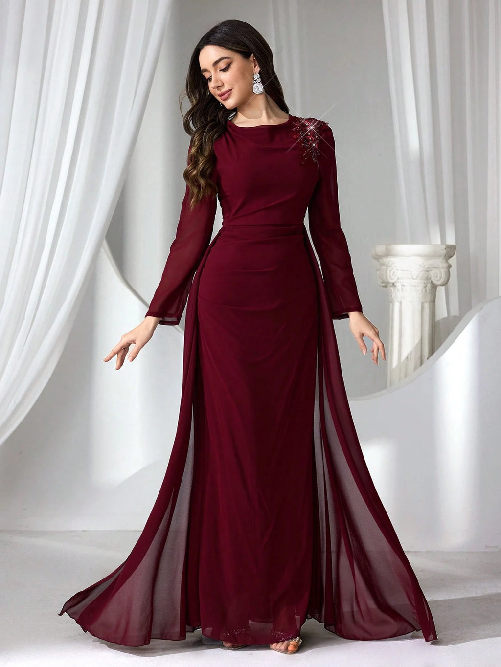 Elegant Burgundy Long Sleeve Maxi Dress for Women – High Waist Formal Evening Gown with Draped Detailing for Weddings and Special Occasions