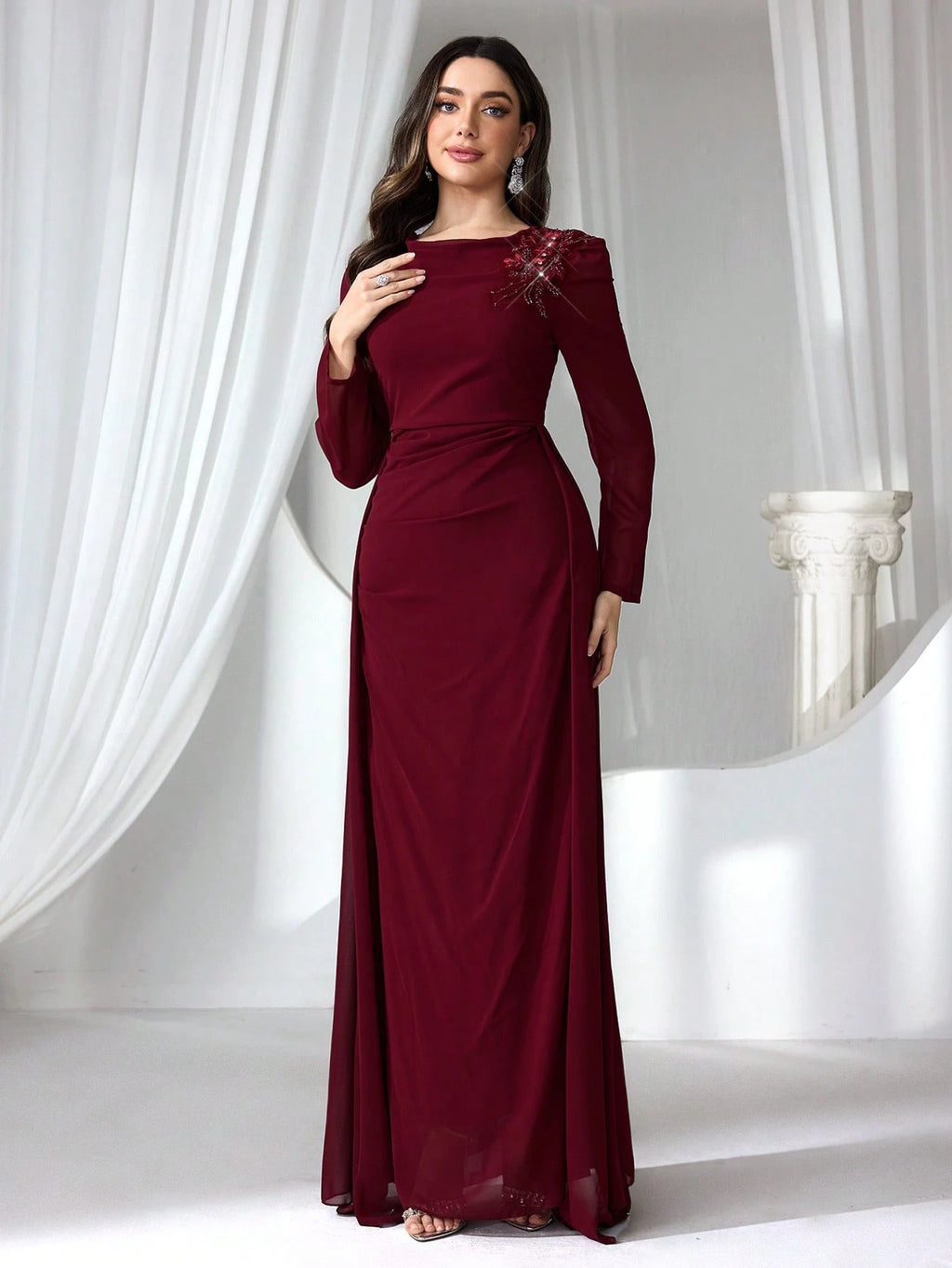 Elegant Burgundy Long Sleeve Maxi Dress for Women – High Waist Formal Evening Gown with Draped Detailing for Weddings and Special Occasions