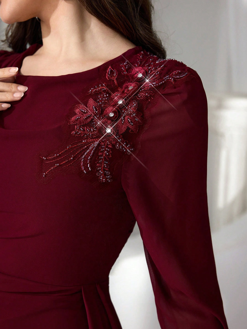 Elegant Burgundy Long Sleeve Maxi Dress for Women – High Waist Formal Evening Gown with Draped Detailing for Weddings and Special Occasions