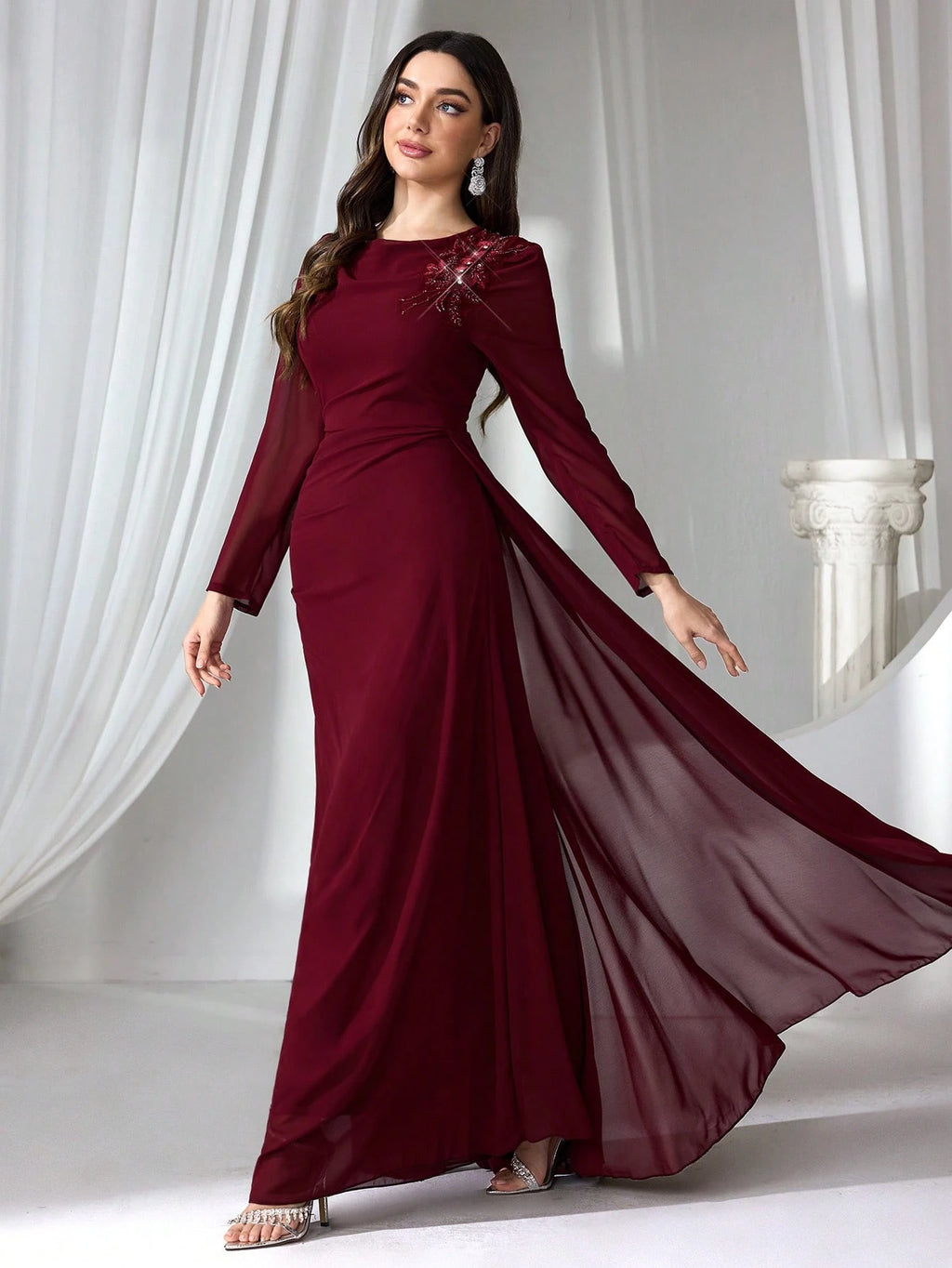 Elegant Burgundy Long Sleeve Maxi Dress for Women – High Waist Formal Evening Gown with Draped Detailing for Weddings and Special Occasions