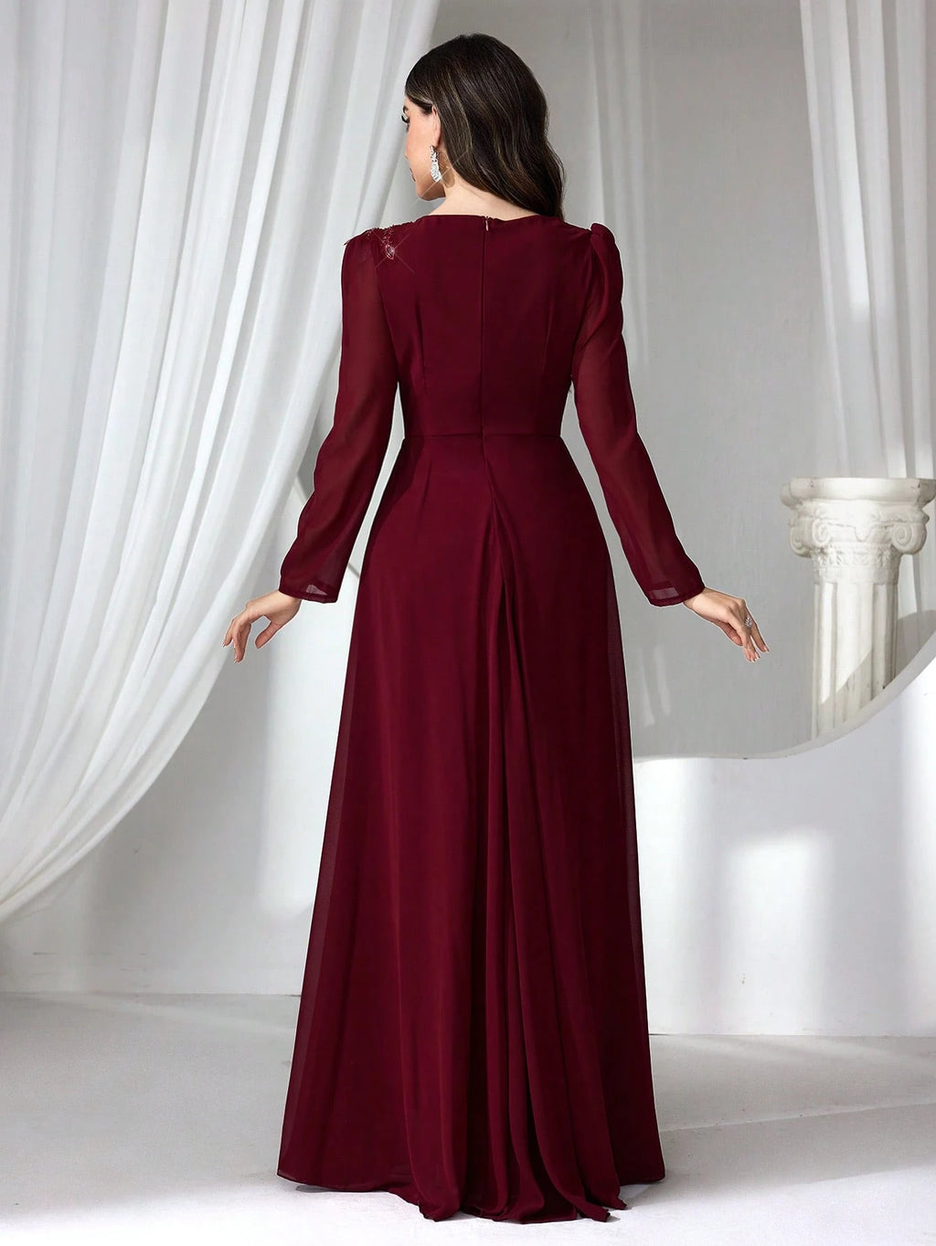 Elegant Burgundy Long Sleeve Maxi Dress for Women – High Waist Formal Evening Gown with Draped Detailing for Weddings and Special Occasions