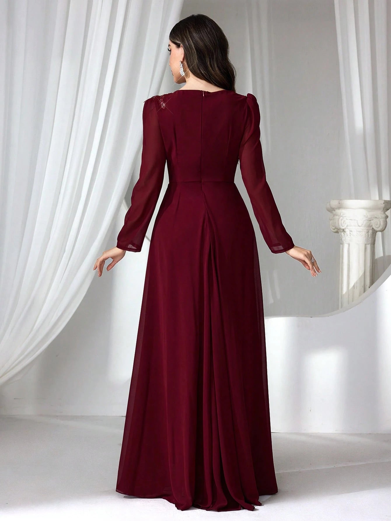 Elegant Burgundy Long Sleeve Maxi Dress for Women – High Waist Formal Evening Gown with Draped Detailing for Weddings and Special Occasions