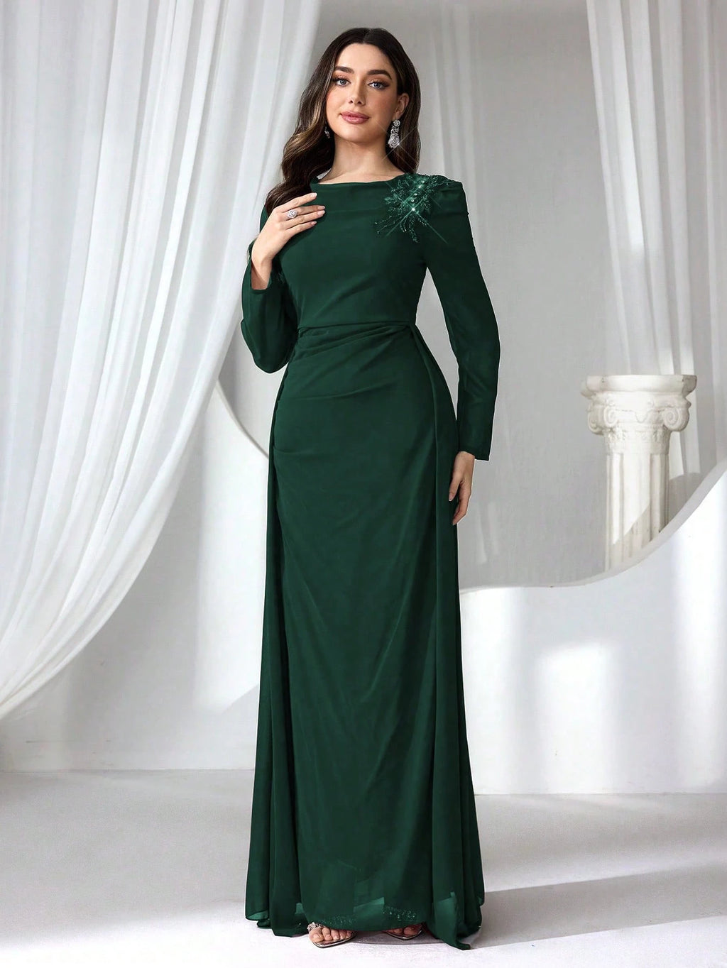 Elegant Burgundy Long Sleeve Maxi Dress for Women – High Waist Formal Evening Gown with Draped Detailing for Weddings and Special Occasions