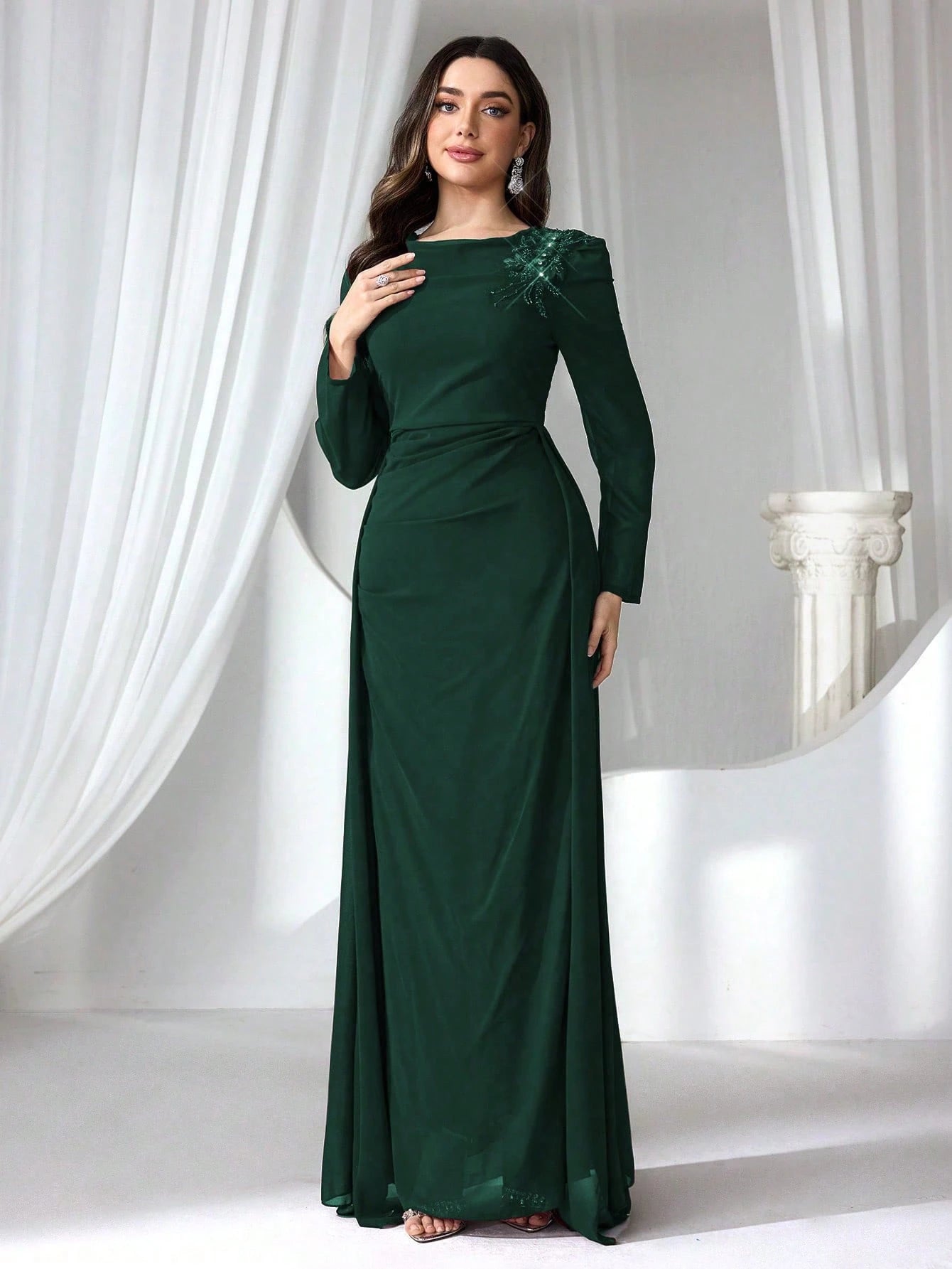 Elegant Burgundy Long Sleeve Maxi Dress for Women – High Waist Formal Evening Gown with Draped Detailing for Weddings and Special Occasions