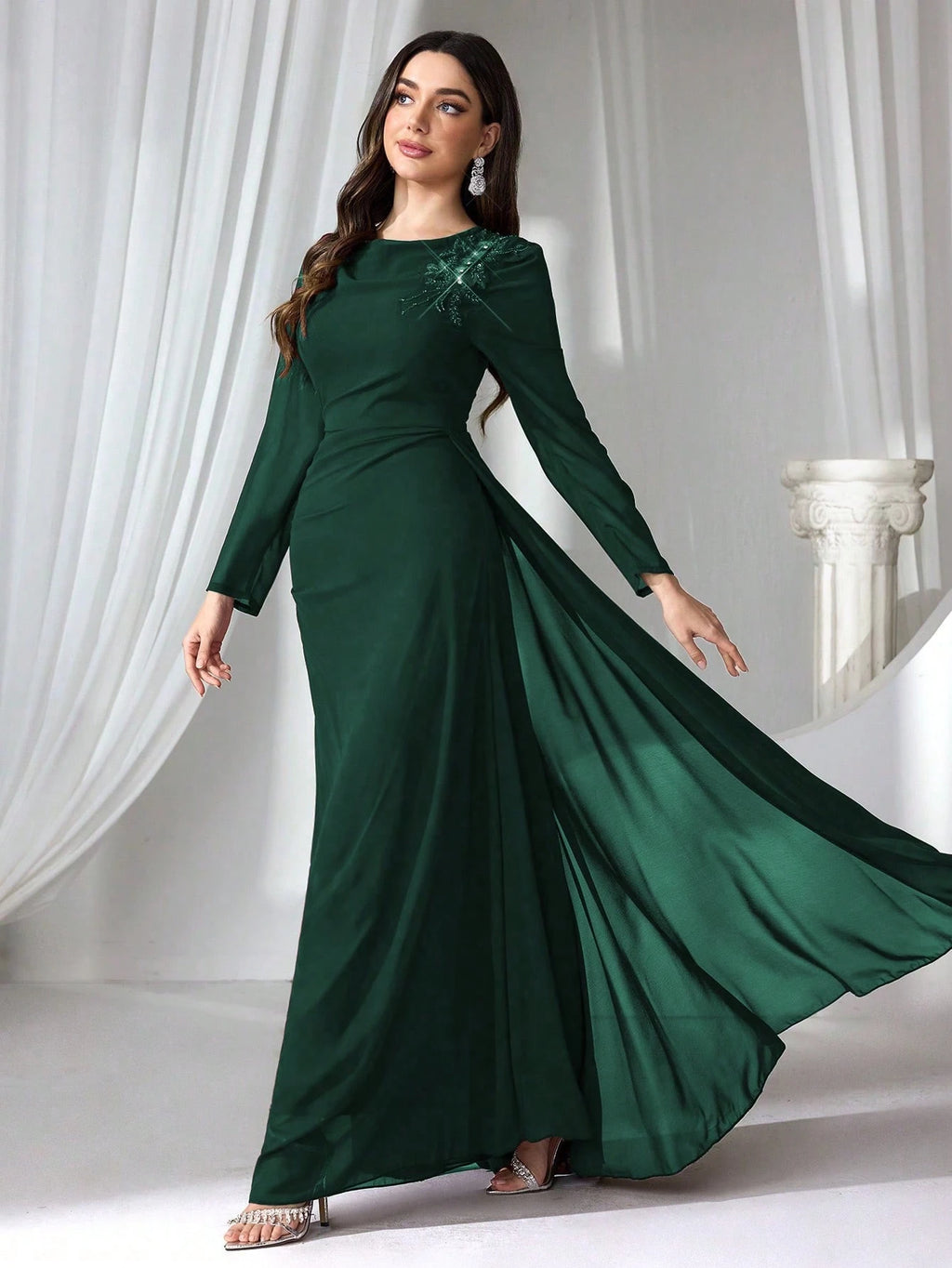 Elegant Burgundy Long Sleeve Maxi Dress for Women – High Waist Formal Evening Gown with Draped Detailing for Weddings and Special Occasions