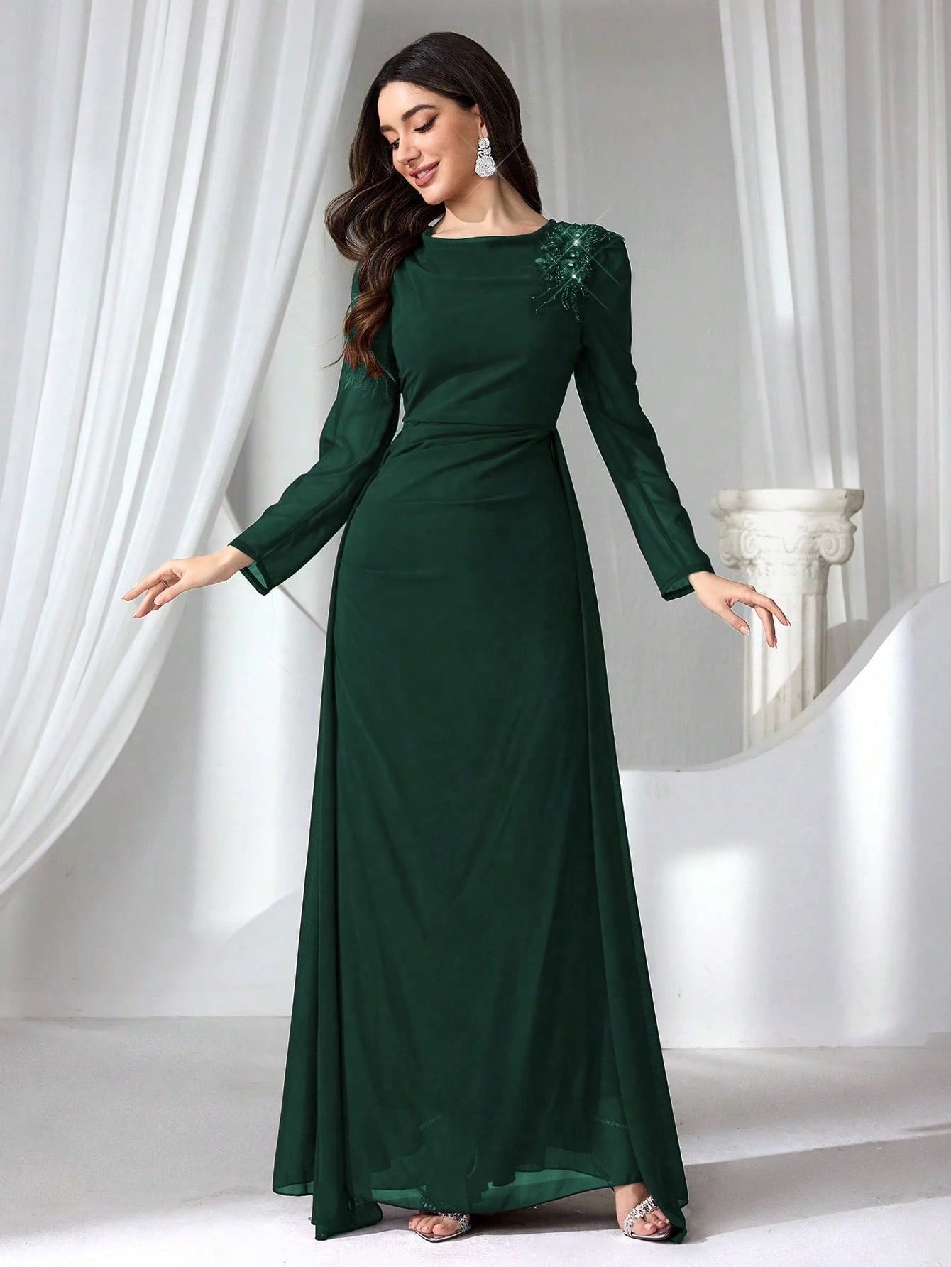 Elegant Burgundy Long Sleeve Maxi Dress for Women – High Waist Formal Evening Gown with Draped Detailing for Weddings and Special Occasions