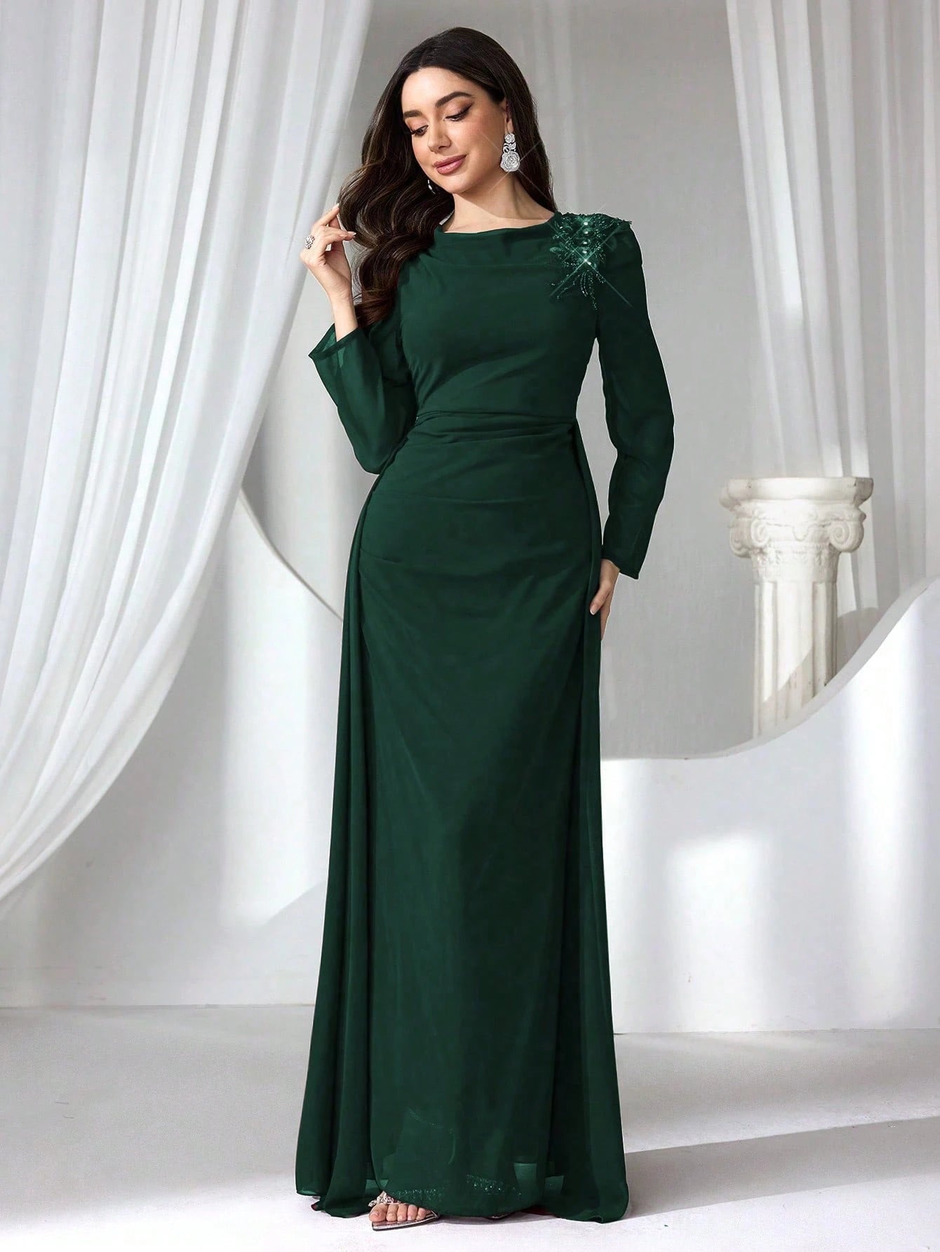 Elegant Burgundy Long Sleeve Maxi Dress for Women – High Waist Formal Evening Gown with Draped Detailing for Weddings and Special Occasions