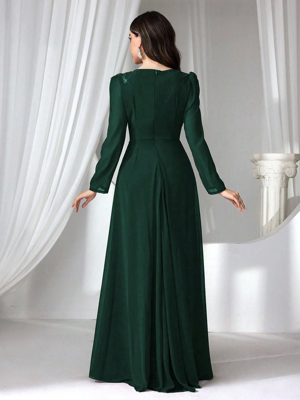 Elegant Burgundy Long Sleeve Maxi Dress for Women – High Waist Formal Evening Gown with Draped Detailing for Weddings and Special Occasions