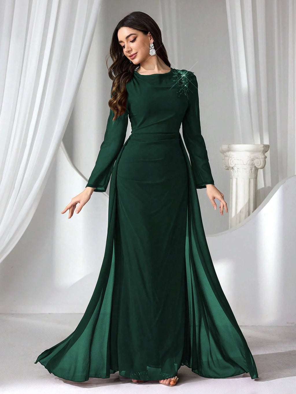 Elegant Burgundy Long Sleeve Maxi Dress for Women – High Waist Formal Evening Gown with Draped Detailing for Weddings and Special Occasions