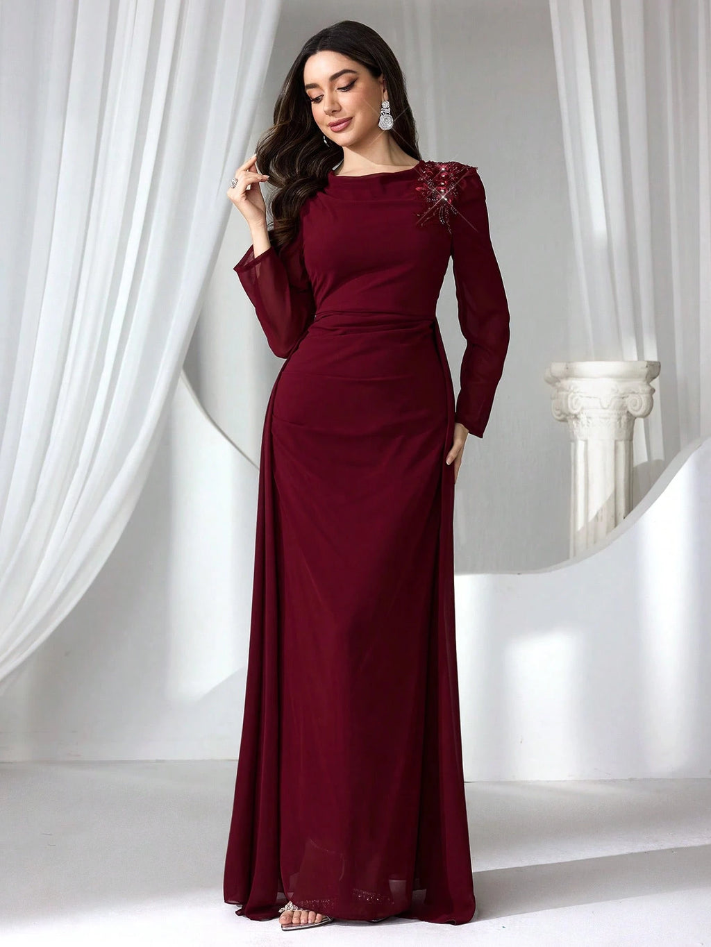 Elegant Burgundy Long Sleeve Maxi Dress for Women – High Waist Formal Evening Gown with Draped Detailing for Weddings and Special Occasions