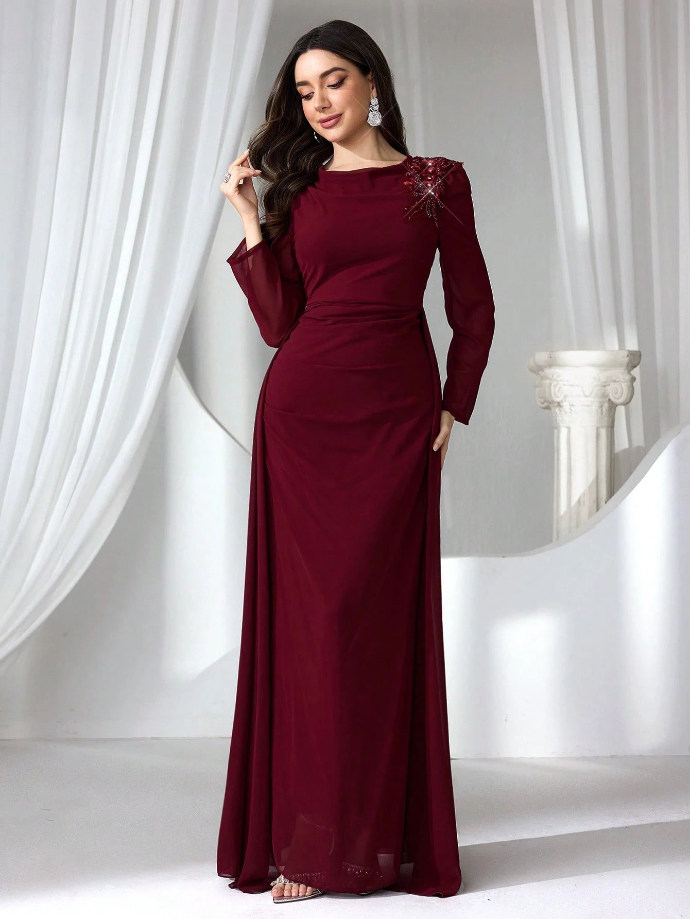 Elegant Burgundy Long Sleeve Maxi Dress for Women – High Waist Formal Evening Gown with Draped Detailing for Weddings and Special Occasions