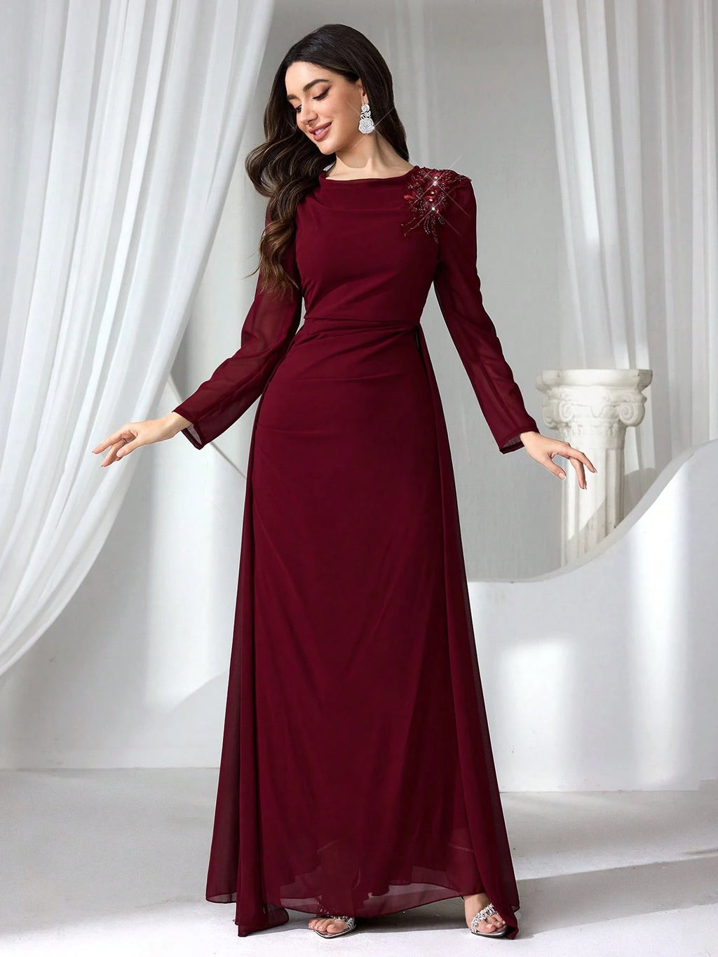 Elegant Burgundy Long Sleeve Maxi Dress for Women – High Waist Formal Evening Gown with Draped Detailing for Weddings and Special Occasions
