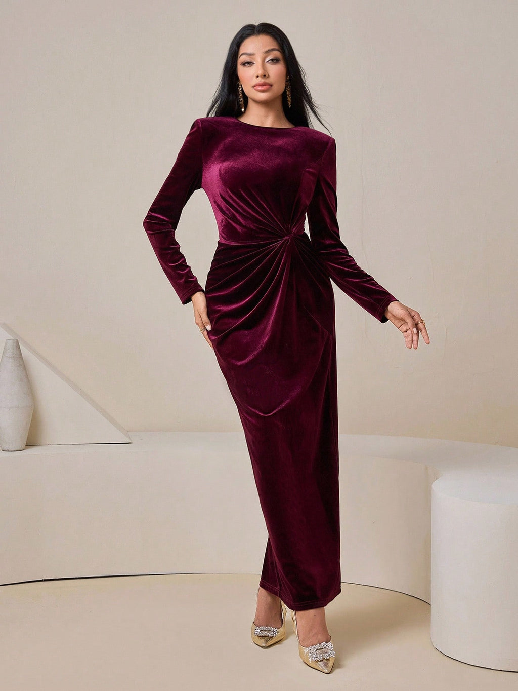Elegant Burgundy Velvet Twist Long Dress for Women – High Waist Party Gown, Winter Wedding Guest Dress, Christmas Evening Gown