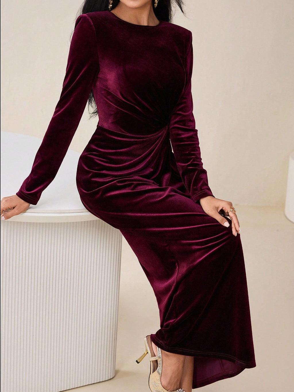 Elegant Burgundy Velvet Twist Long Dress for Women – High Waist Party Gown, Winter Wedding Guest Dress, Christmas Evening Gown