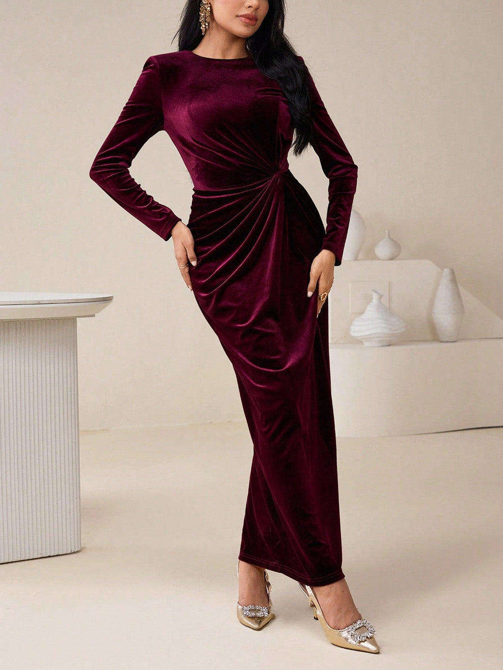 Elegant Burgundy Velvet Twist Long Dress for Women – High Waist Party Gown, Winter Wedding Guest Dress, Christmas Evening Gown