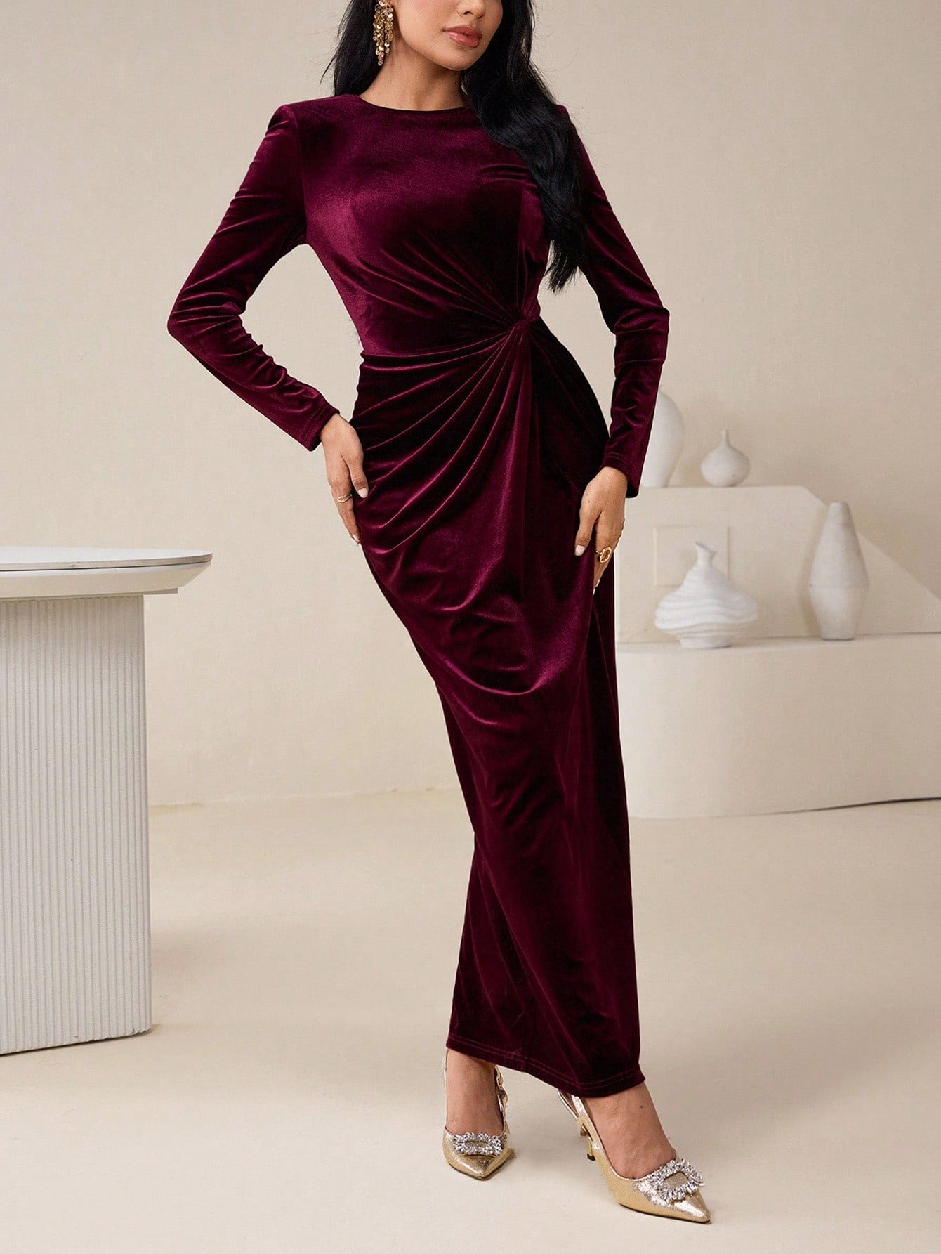 Elegant Burgundy Velvet Twist Long Dress for Women – High Waist Party Gown, Winter Wedding Guest Dress, Christmas Evening Gown
