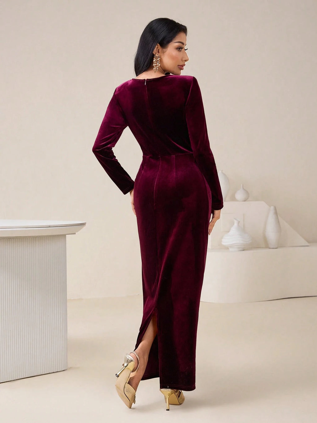 Elegant Burgundy Velvet Twist Long Dress for Women – High Waist Party Gown, Winter Wedding Guest Dress, Christmas Evening Gown