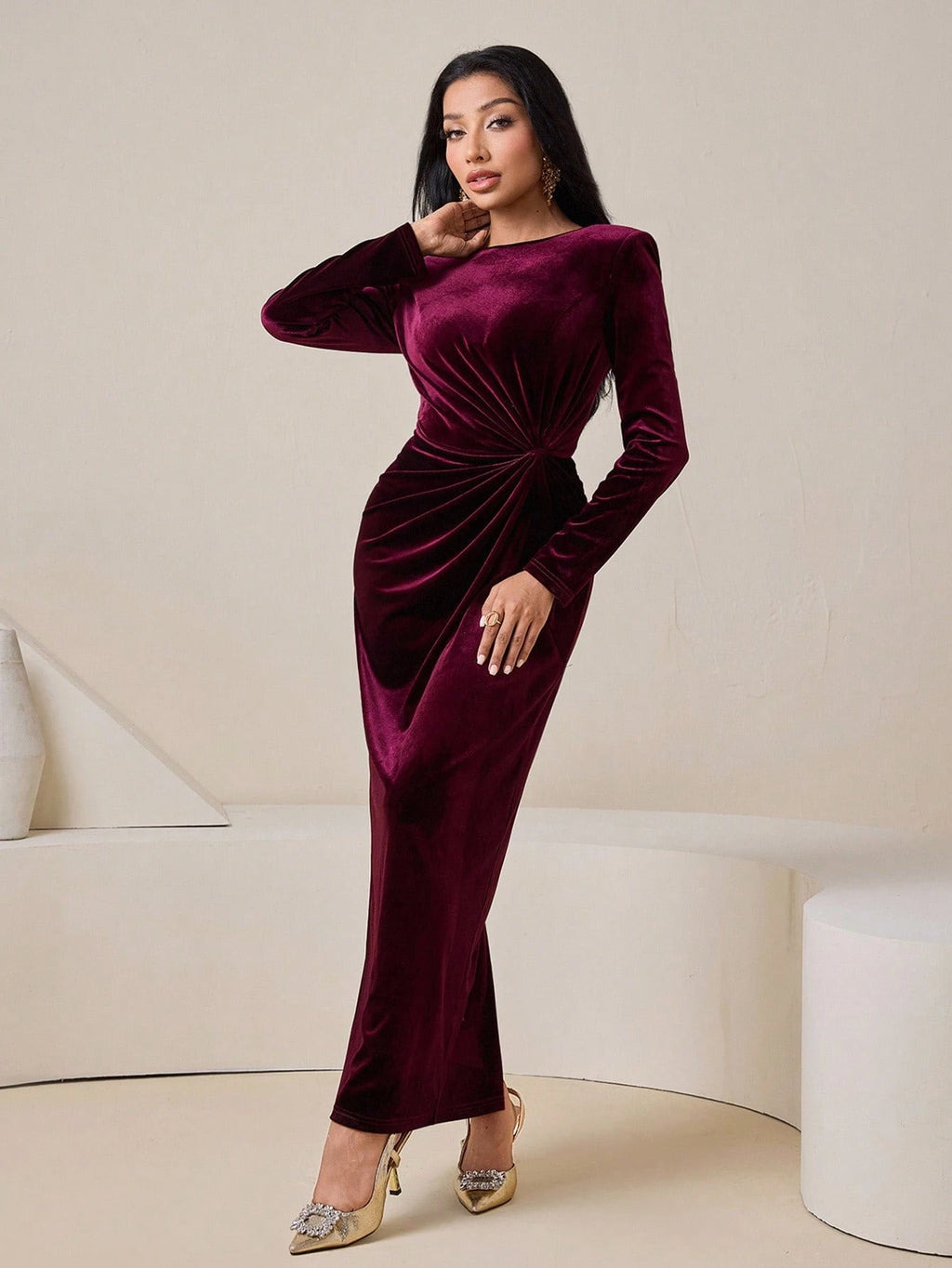 Elegant Burgundy Velvet Twist Long Dress for Women – High Waist Party Gown, Winter Wedding Guest Dress, Christmas Evening Gown