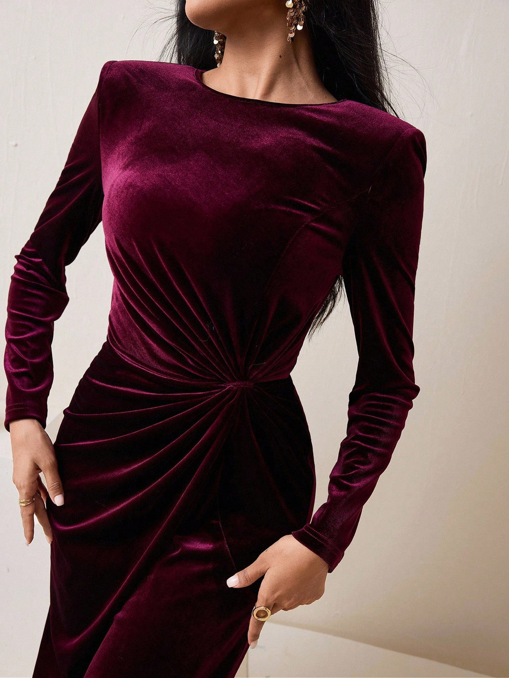 Elegant Burgundy Velvet Twist Long Dress for Women – High Waist Party Gown, Winter Wedding Guest Dress, Christmas Evening Gown