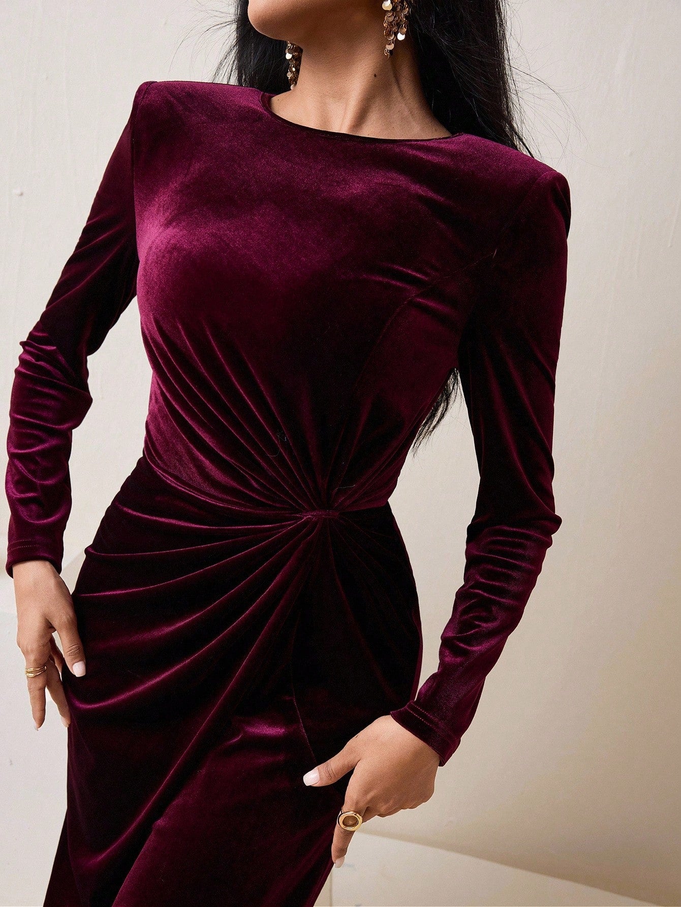 Elegant Burgundy Velvet Twist Long Dress for Women – High Waist Party Gown, Winter Wedding Guest Dress, Christmas Evening Gown