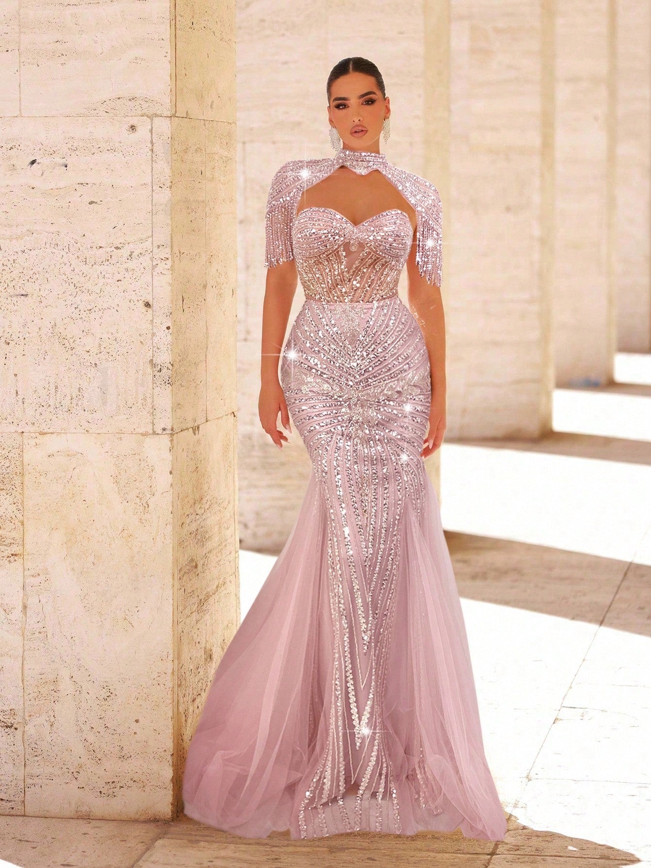 Elegant Luxury Pearl & Sequin Mesh Fishtail Dress with Fringed Sleeves for Women