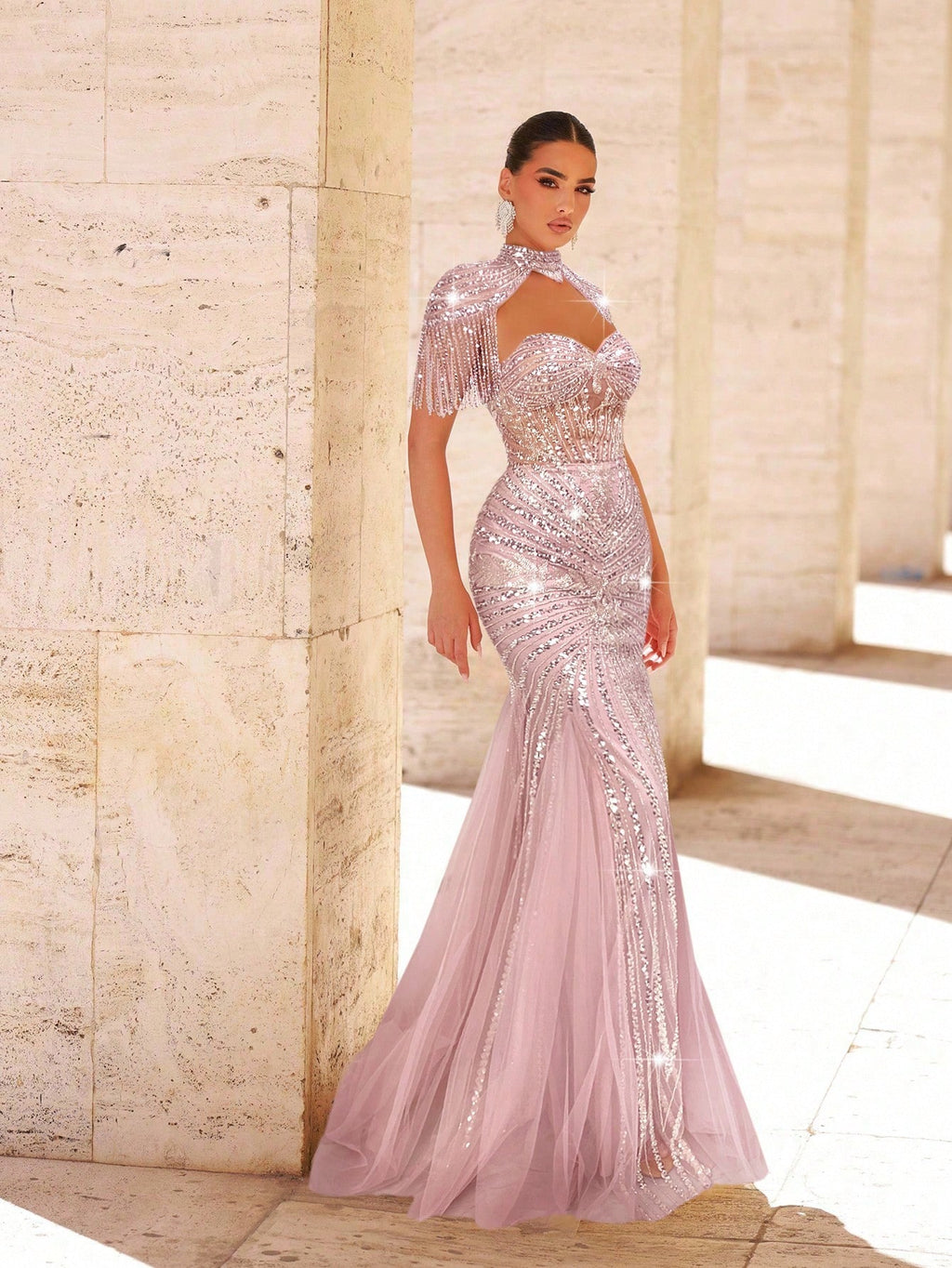 Elegant Luxury Pearl & Sequin Mesh Fishtail Dress with Fringed Sleeves for Women