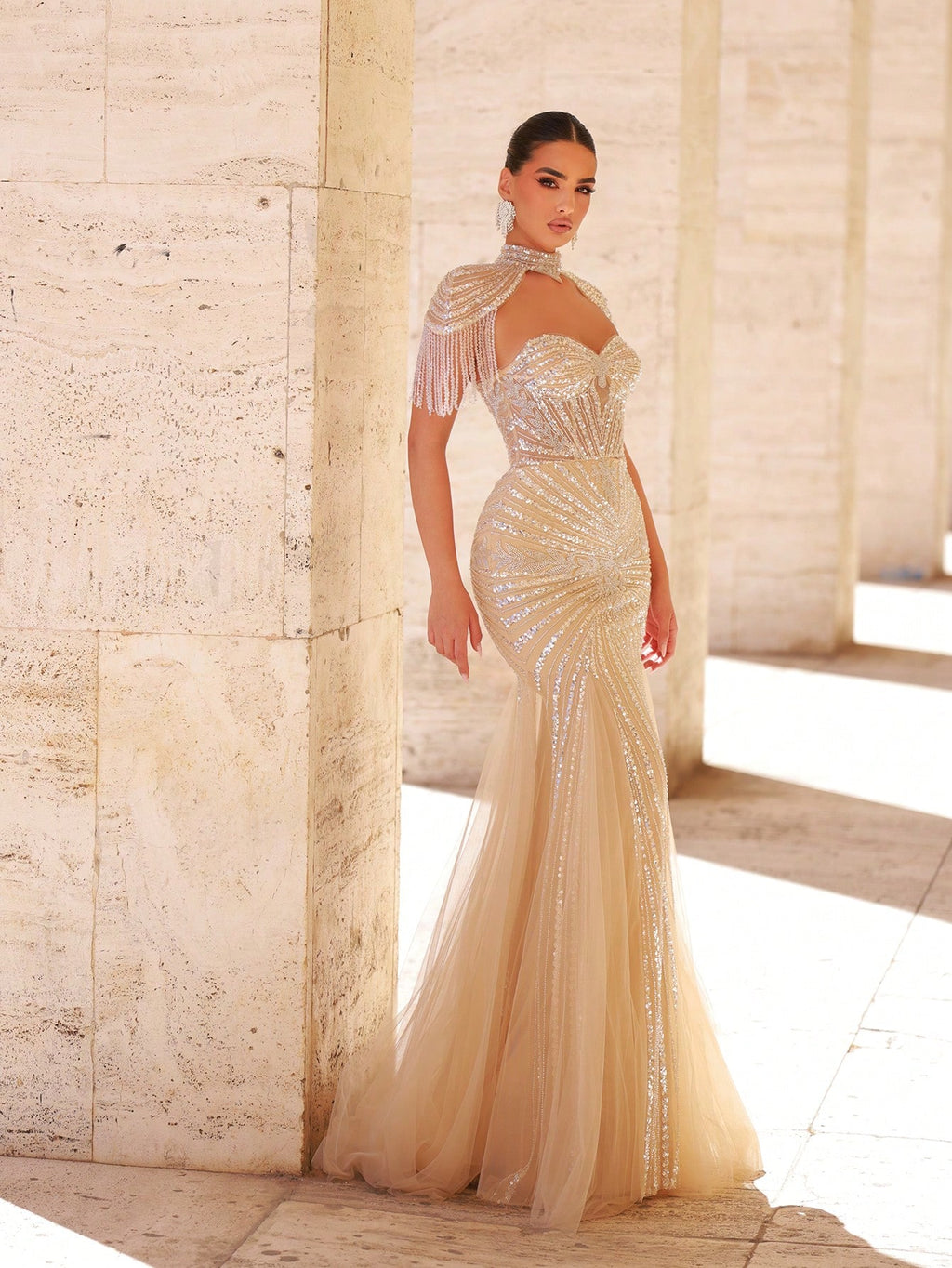 Elegant Luxury Pearl & Sequin Mesh Fishtail Dress with Fringed Sleeves for Women