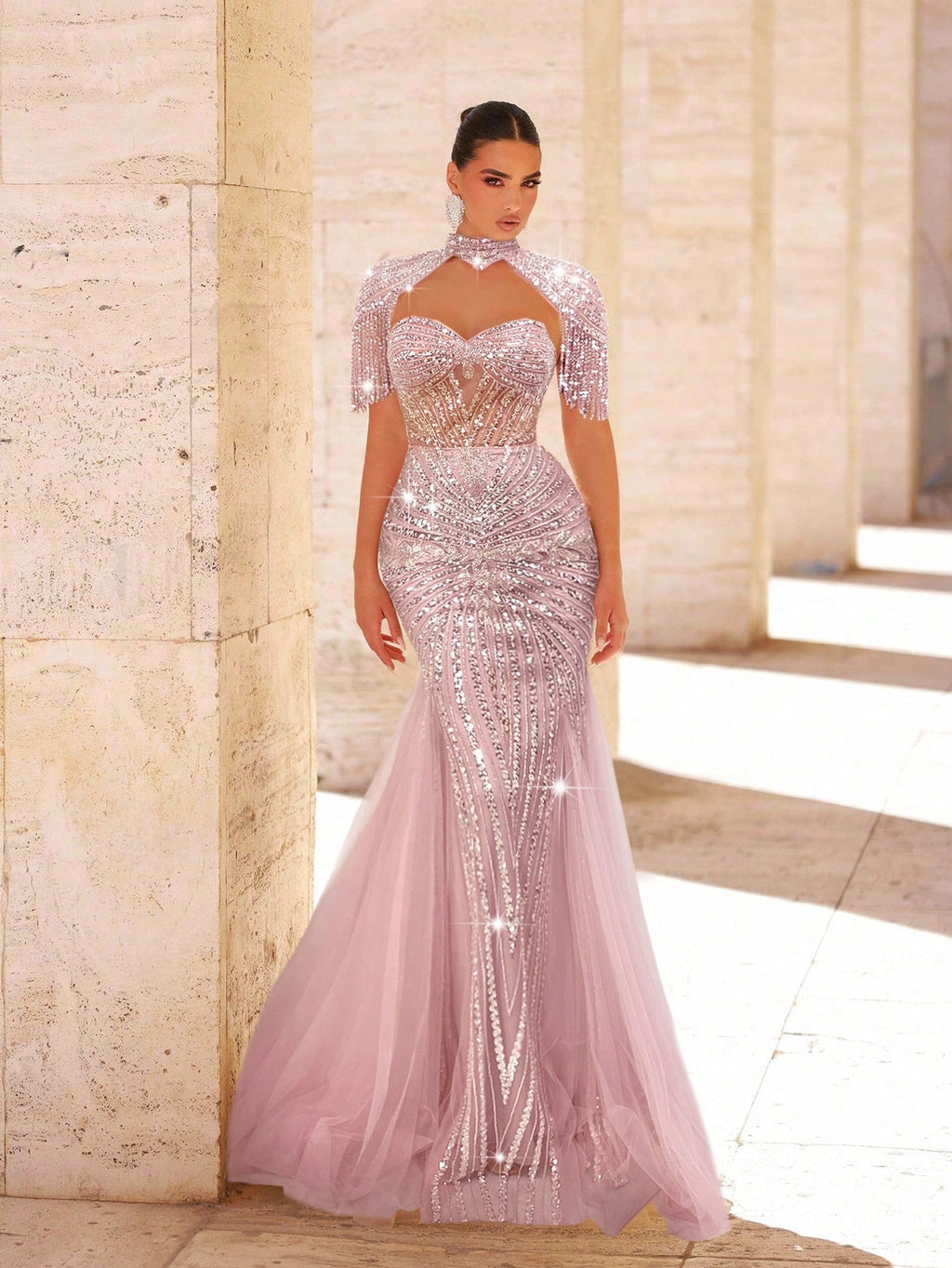 Elegant Luxury Pearl & Sequin Mesh Fishtail Dress with Fringed Sleeves for Women