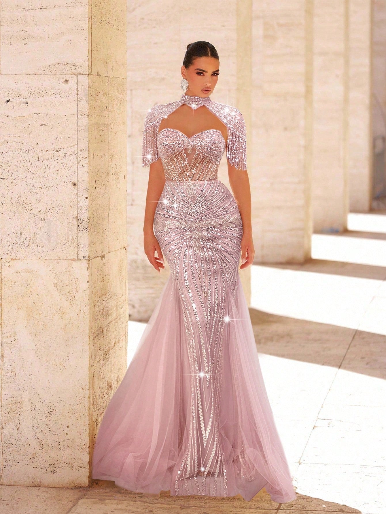 Elegant Luxury Pearl & Sequin Mesh Fishtail Dress with Fringed Sleeves for Women