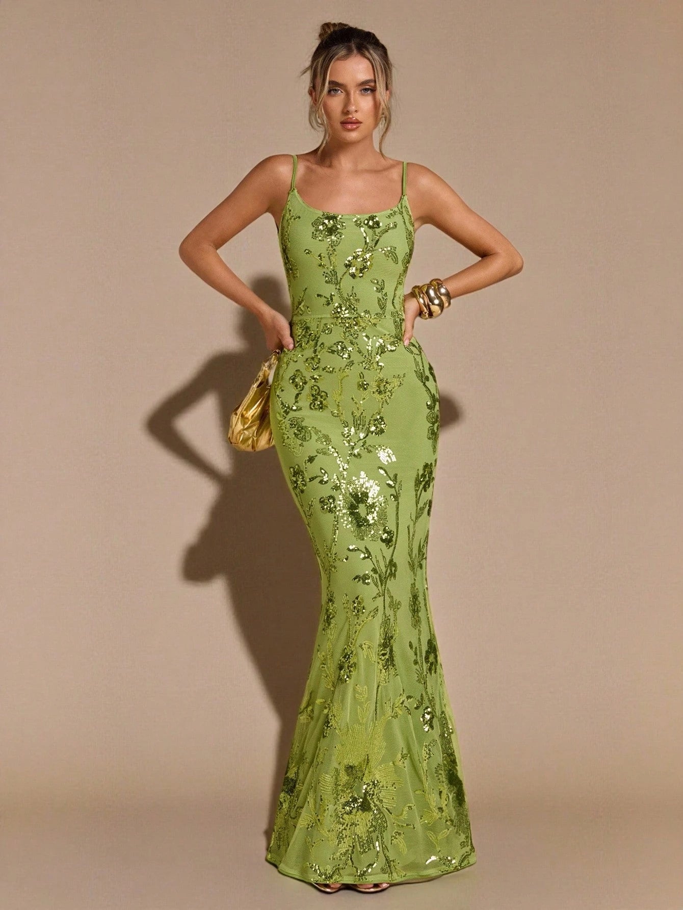 Luxury Green 3D Floral Embroidered Sequin Maxi Dress for Women – Backless Tie Strap Slim Fit Evening Gown for Weddings, Parties, and Formal Occasions