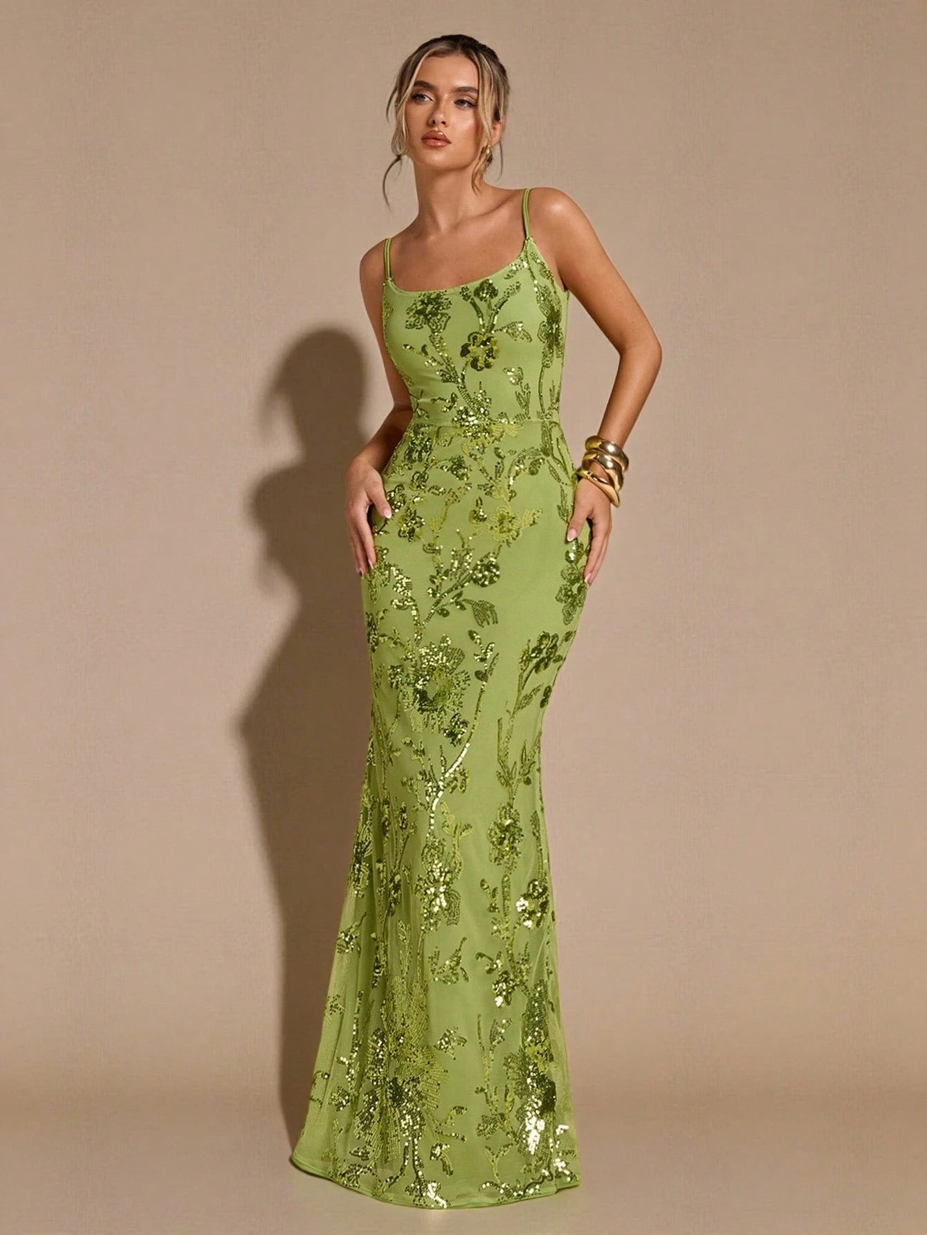 Luxury Green 3D Floral Embroidered Sequin Maxi Dress for Women – Backless Tie Strap Slim Fit Evening Gown for Weddings, Parties, and Formal Occasions