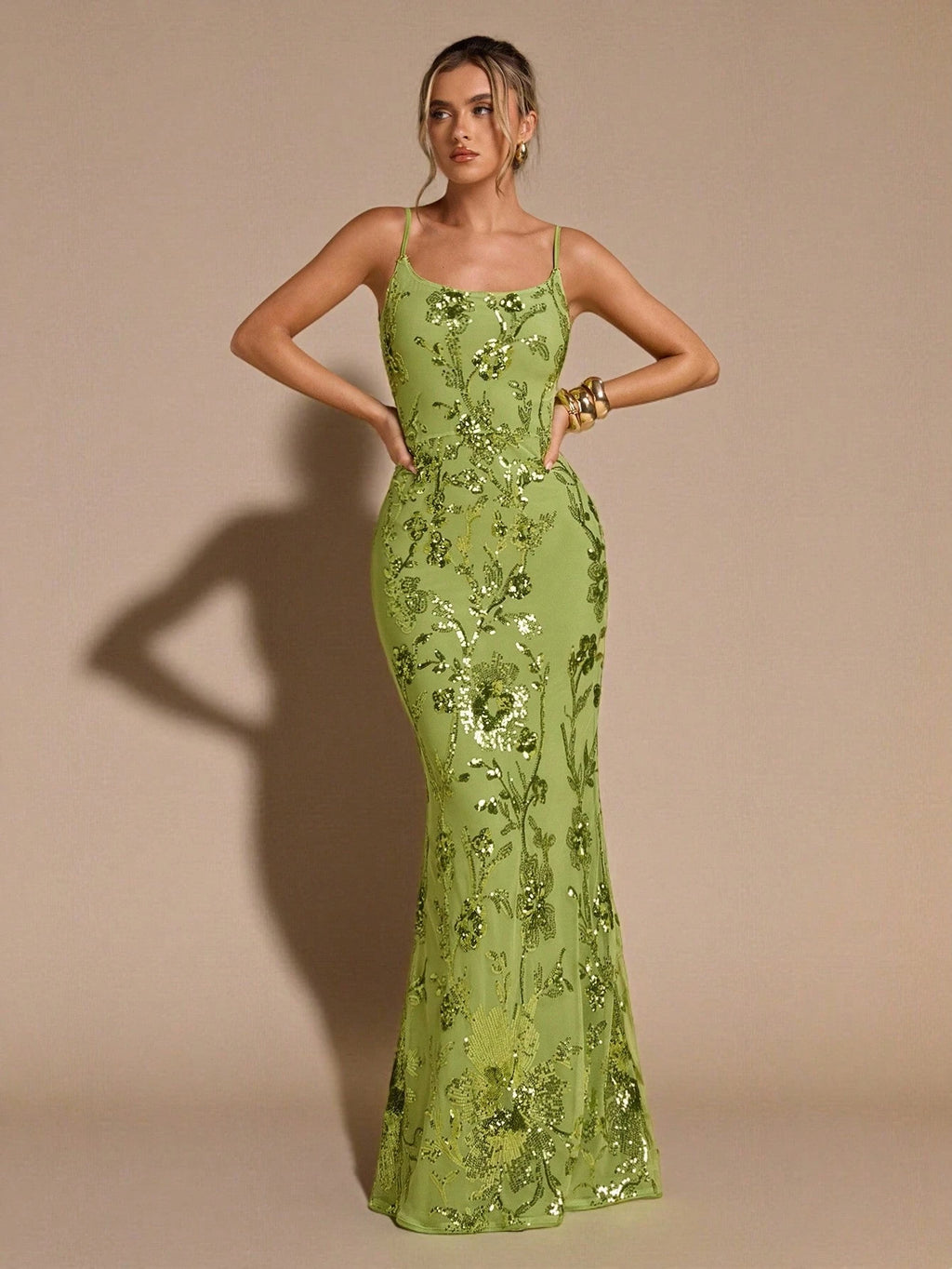 Luxury Green 3D Floral Embroidered Sequin Maxi Dress for Women – Backless Tie Strap Slim Fit Evening Gown for Weddings, Parties, and Formal Occasions