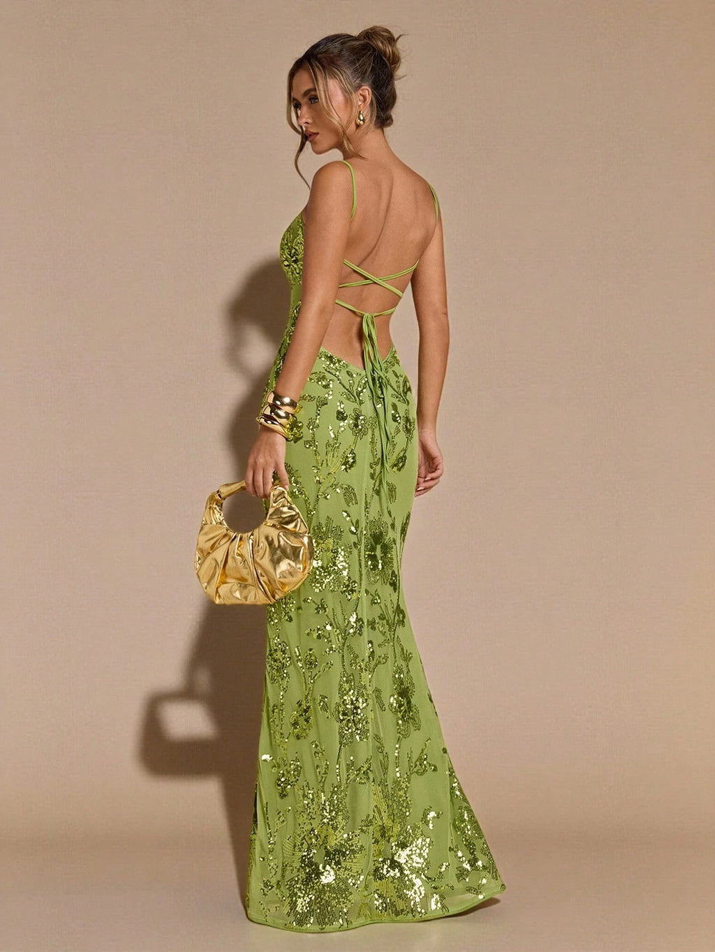 Luxury Green 3D Floral Embroidered Sequin Maxi Dress for Women – Backless Tie Strap Slim Fit Evening Gown for Weddings, Parties, and Formal Occasions